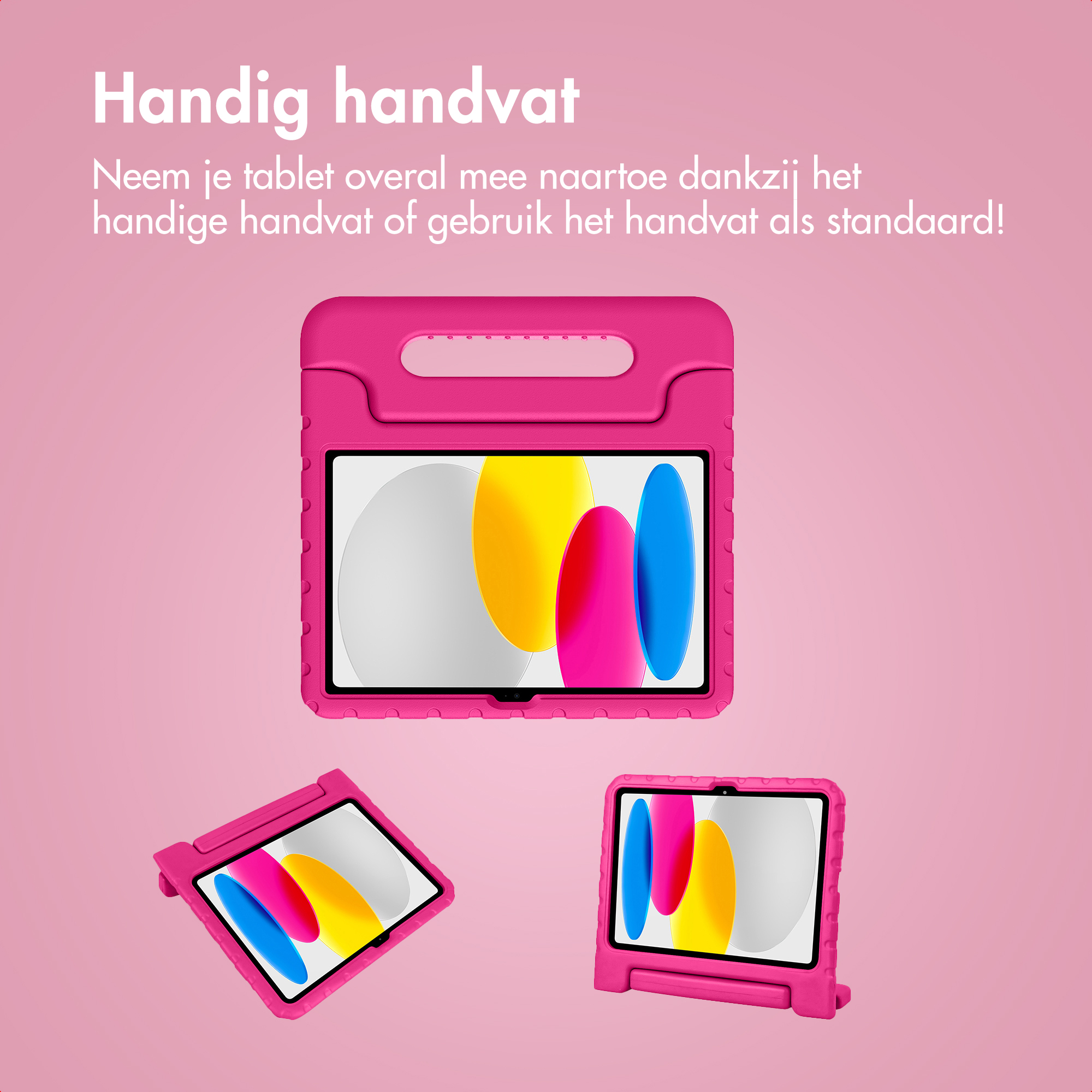 Drie roze tablethoezen met handvat en standaard op roze achtergrond.