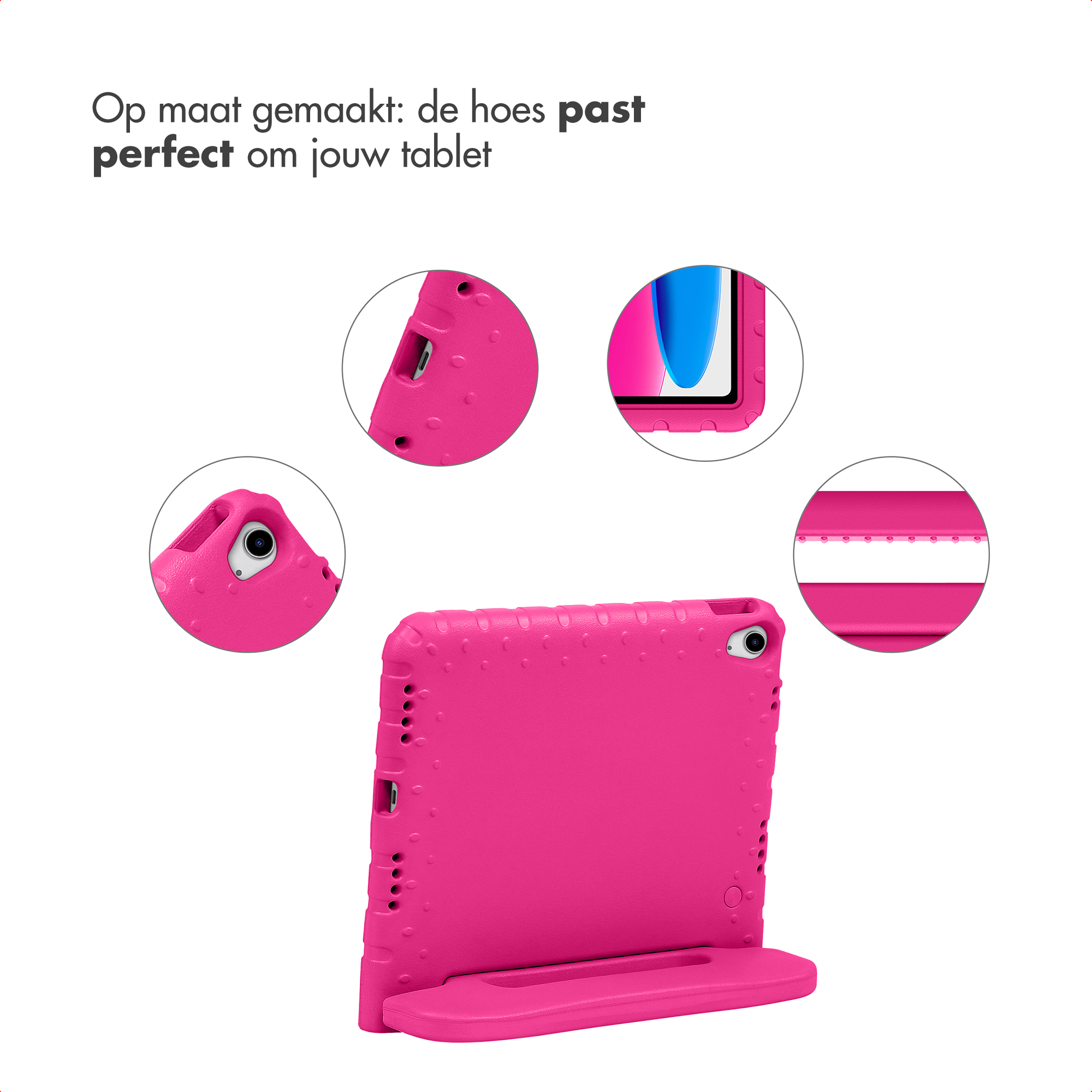 Een roze tablet hoes met uitsparingen voor poorten en camera, met standaard.