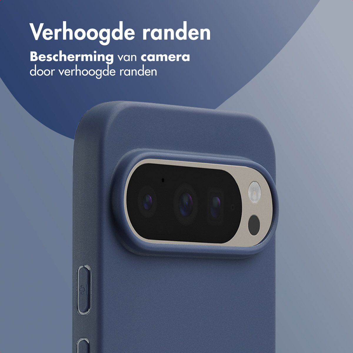 Gros plan d'une coque de téléphone bleue avec module caméra et texte.