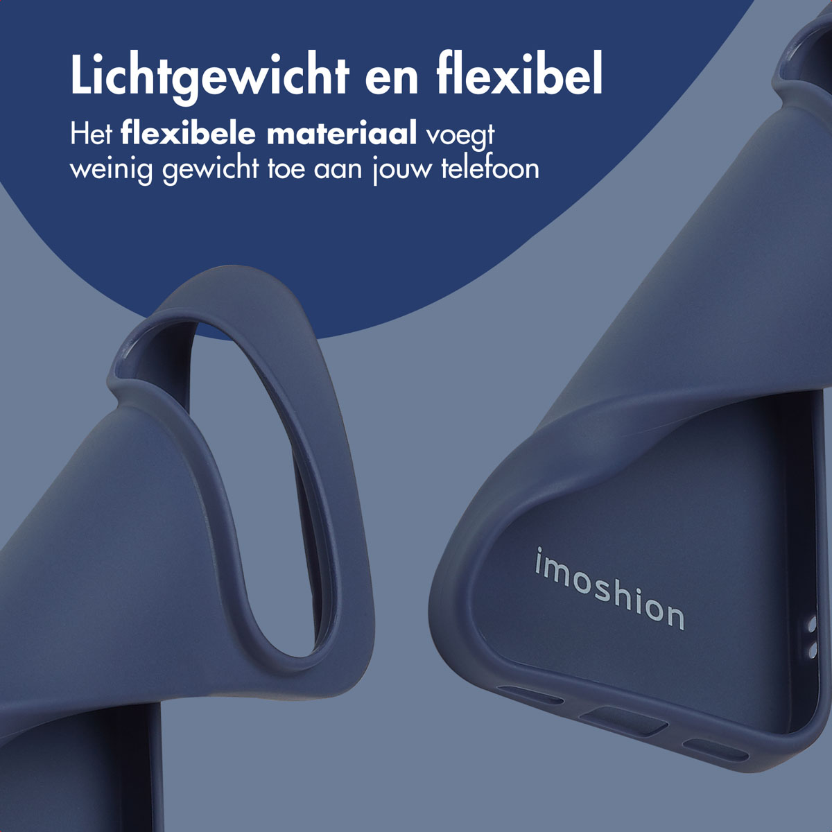 Trois coques de téléphone bleu foncé, dont une avec le logo imoshion.