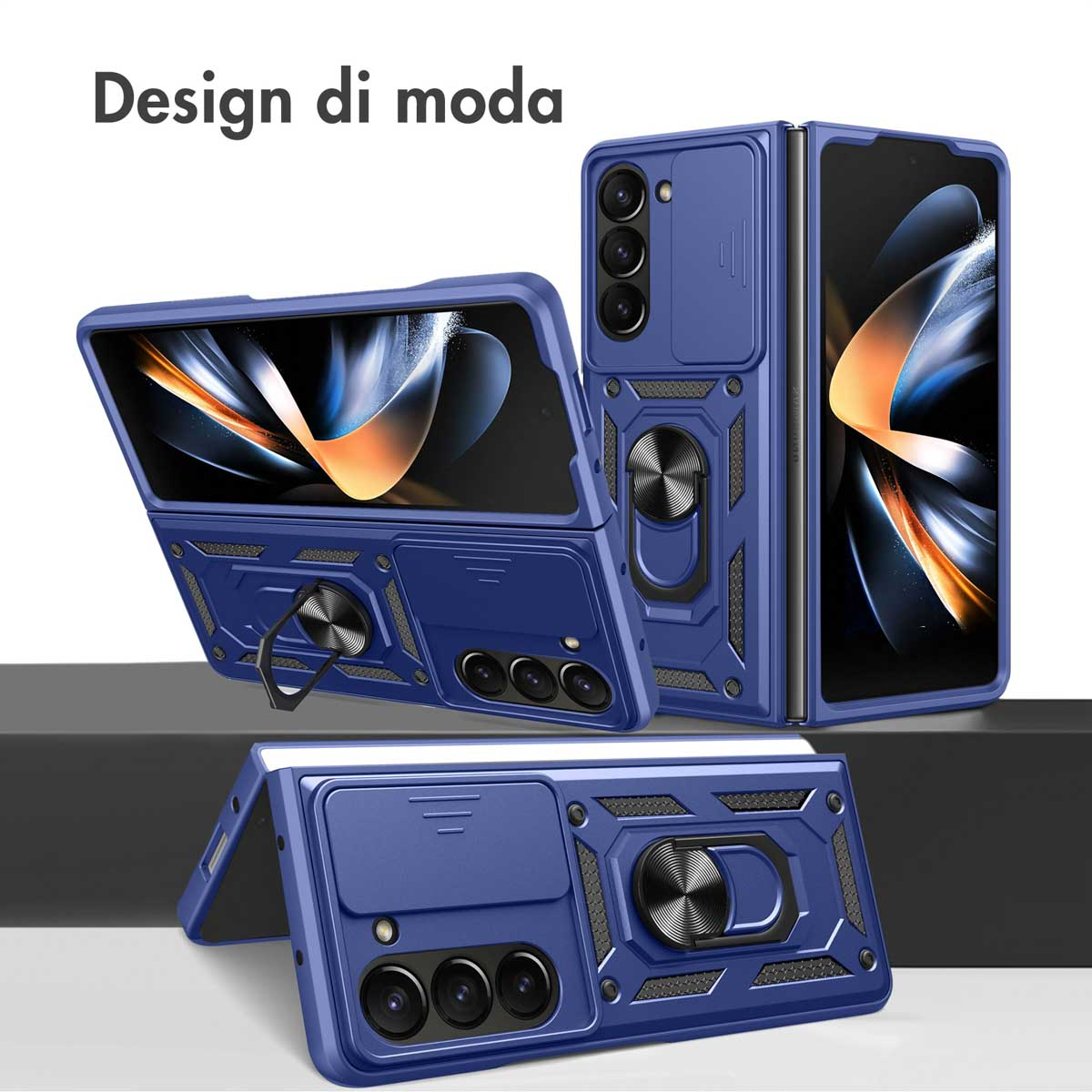 Blauwe telefoonhoesjes in diverse weergaven, met ringhouder en camerabescherming.