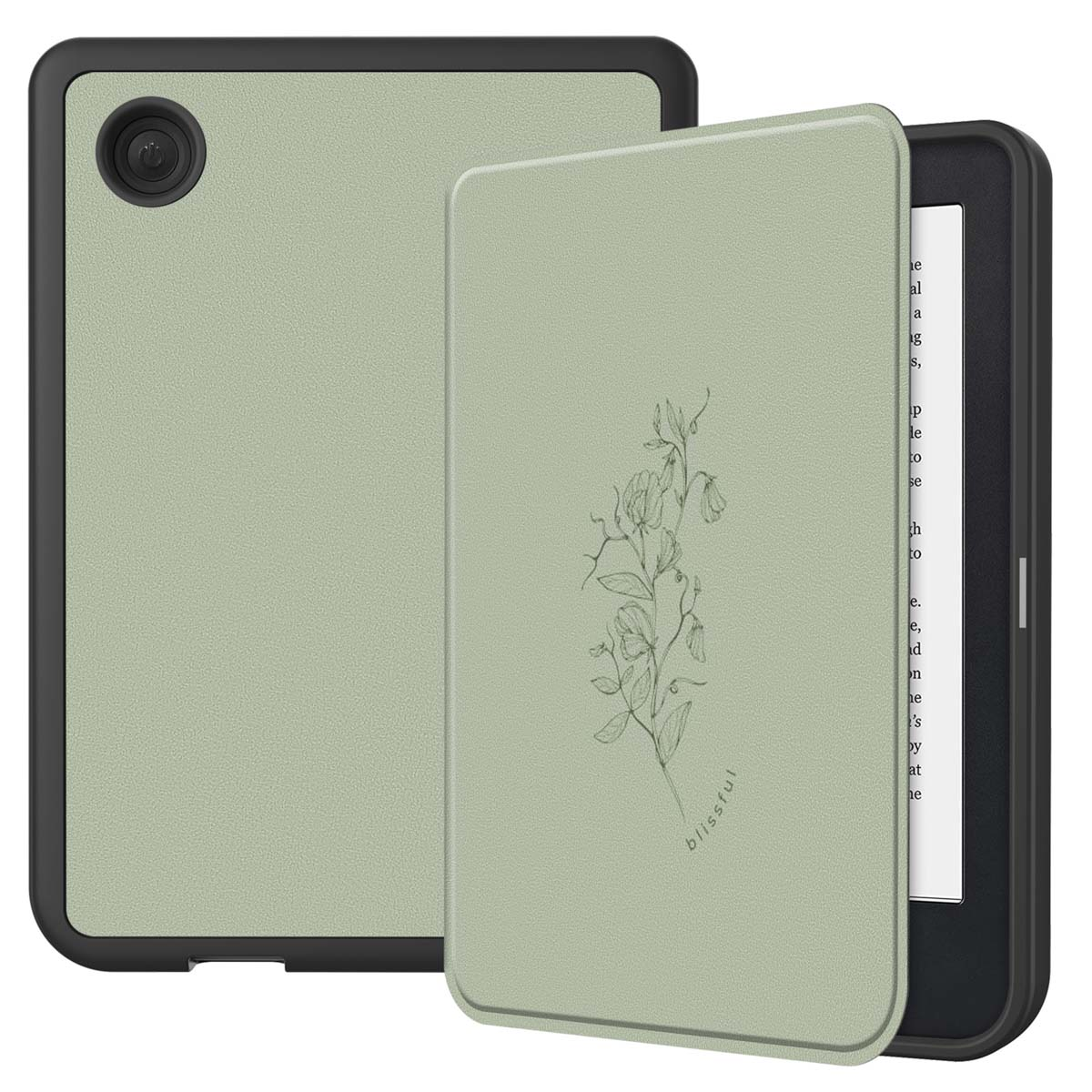 Een lichtgroene e-reader met zwart frame en een hoes met bloemenschets.