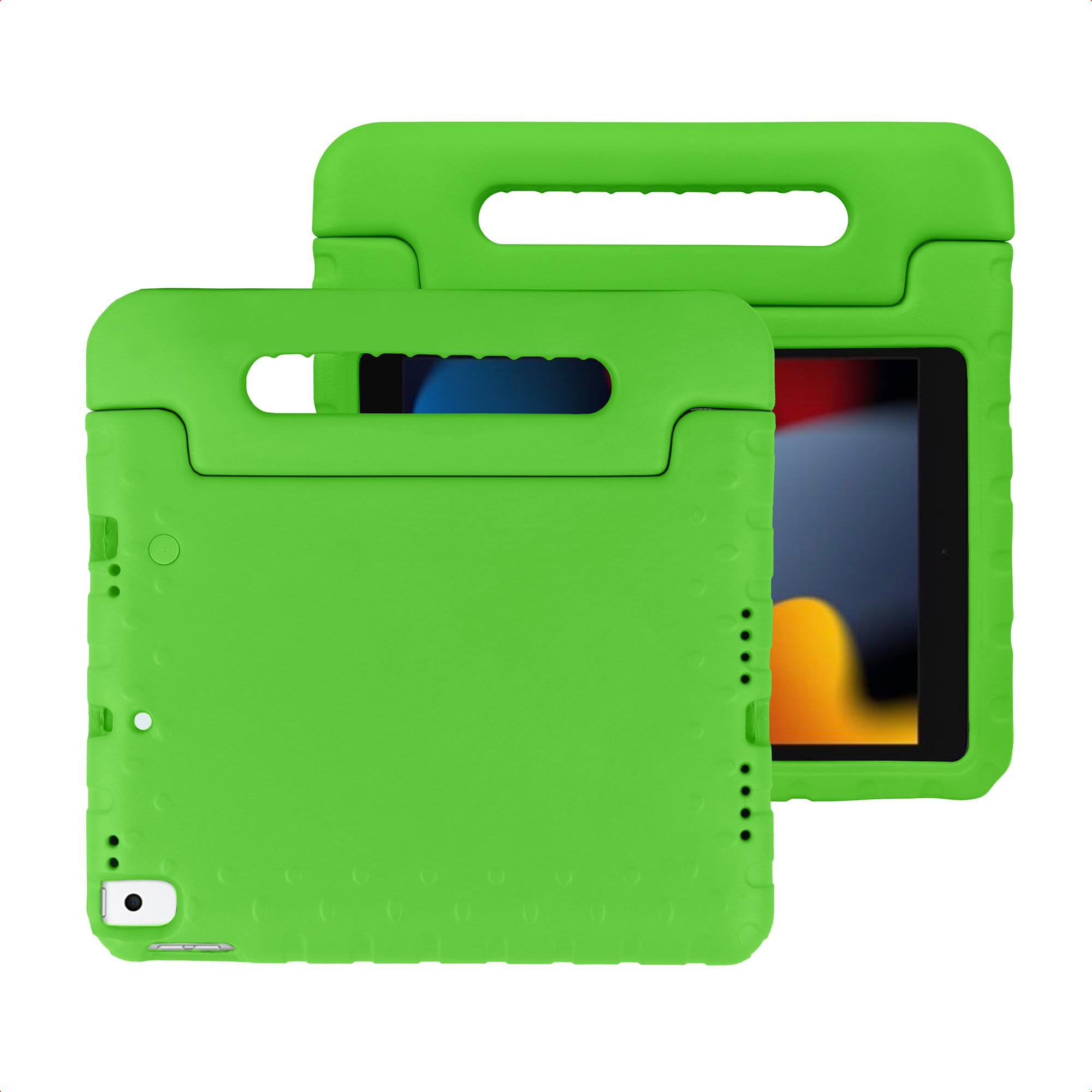 Twee groene, schokbestendige tablethoesjes met handvatten, één gedeeltelijk verborgen.