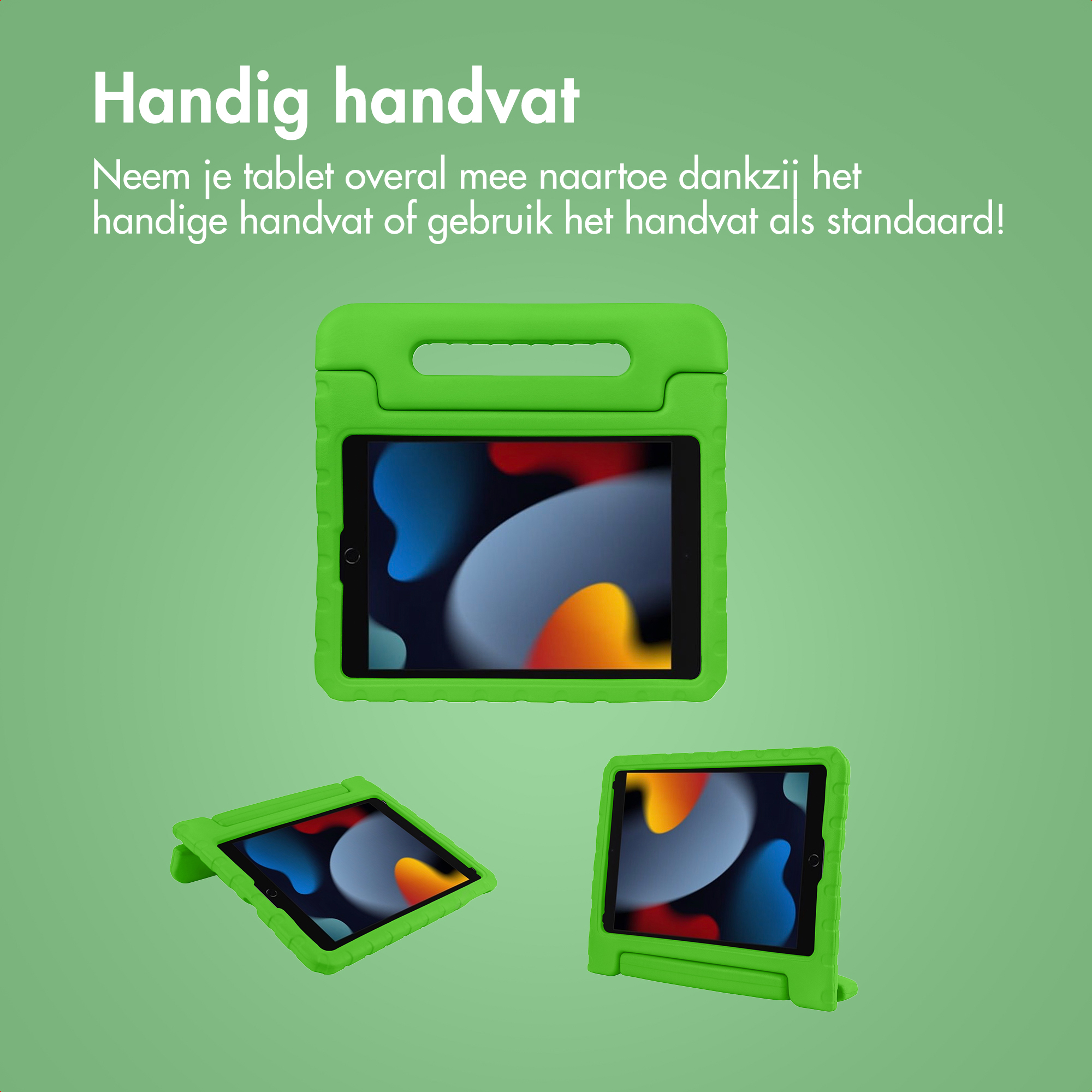 Groene tablethoezen met handvatten en standaards op groen.