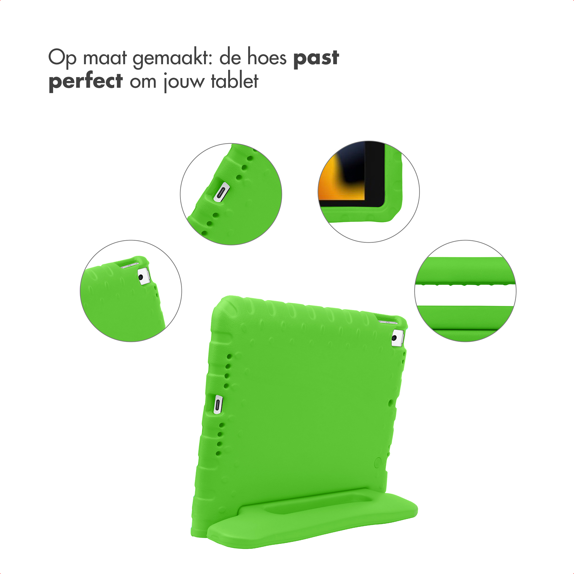 Groene tablethoes met standaard en uitsparingen voor knoppen en poorten.