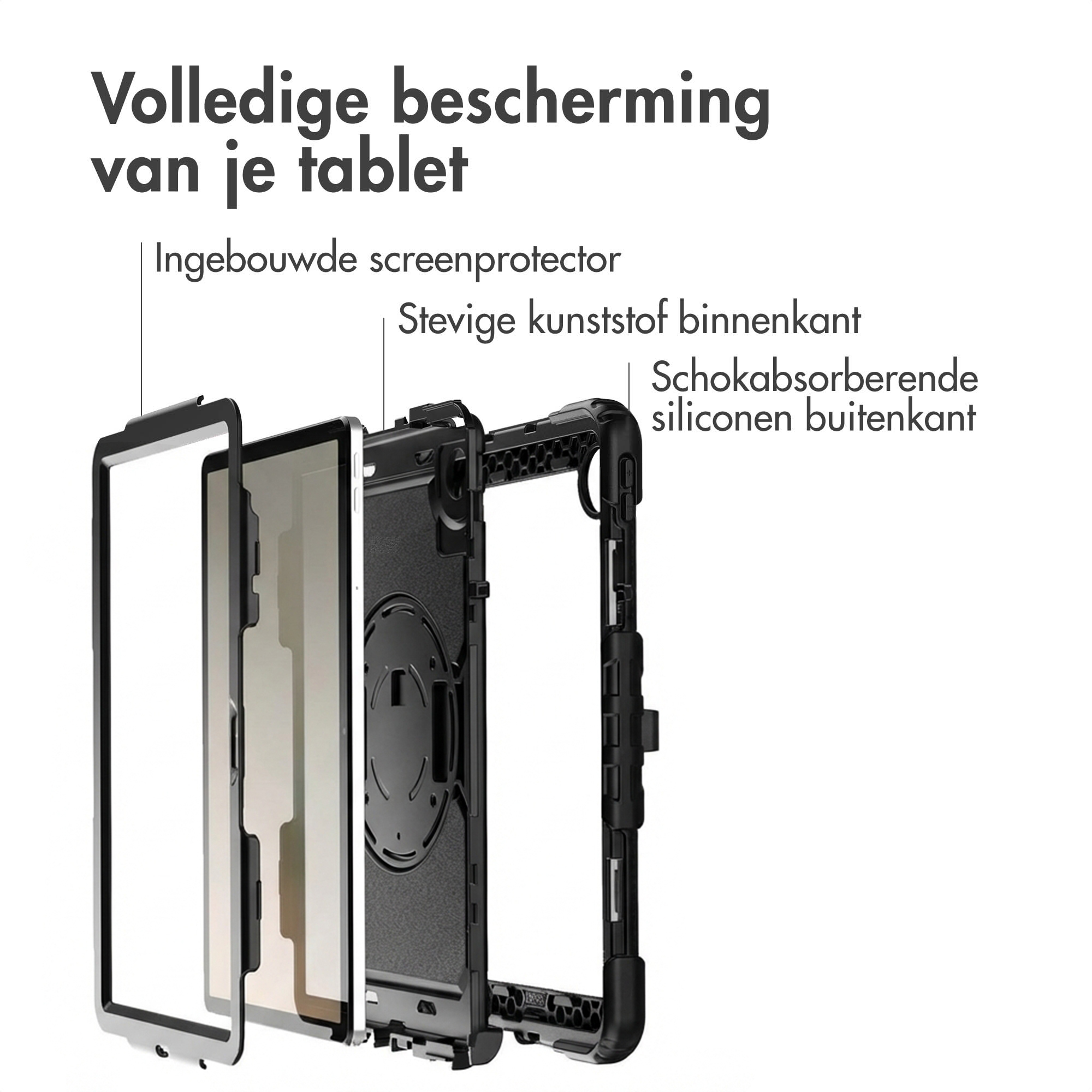 Vue éclatée d'une coque de tablette noire, montrant des couches de plastique et de silicone.