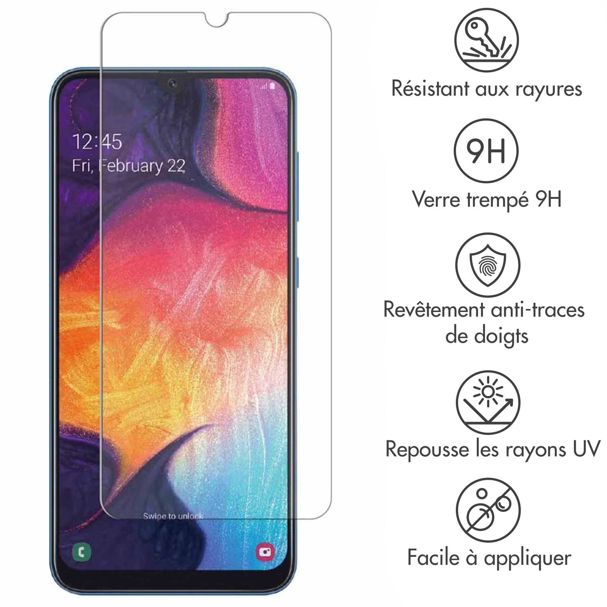 Smartphone scherm met beschermglas. Iconen tonen krasbestendigheid, 9H hardheid, vingerafdruk- en UV-bescherming, eenvoudige installatie.