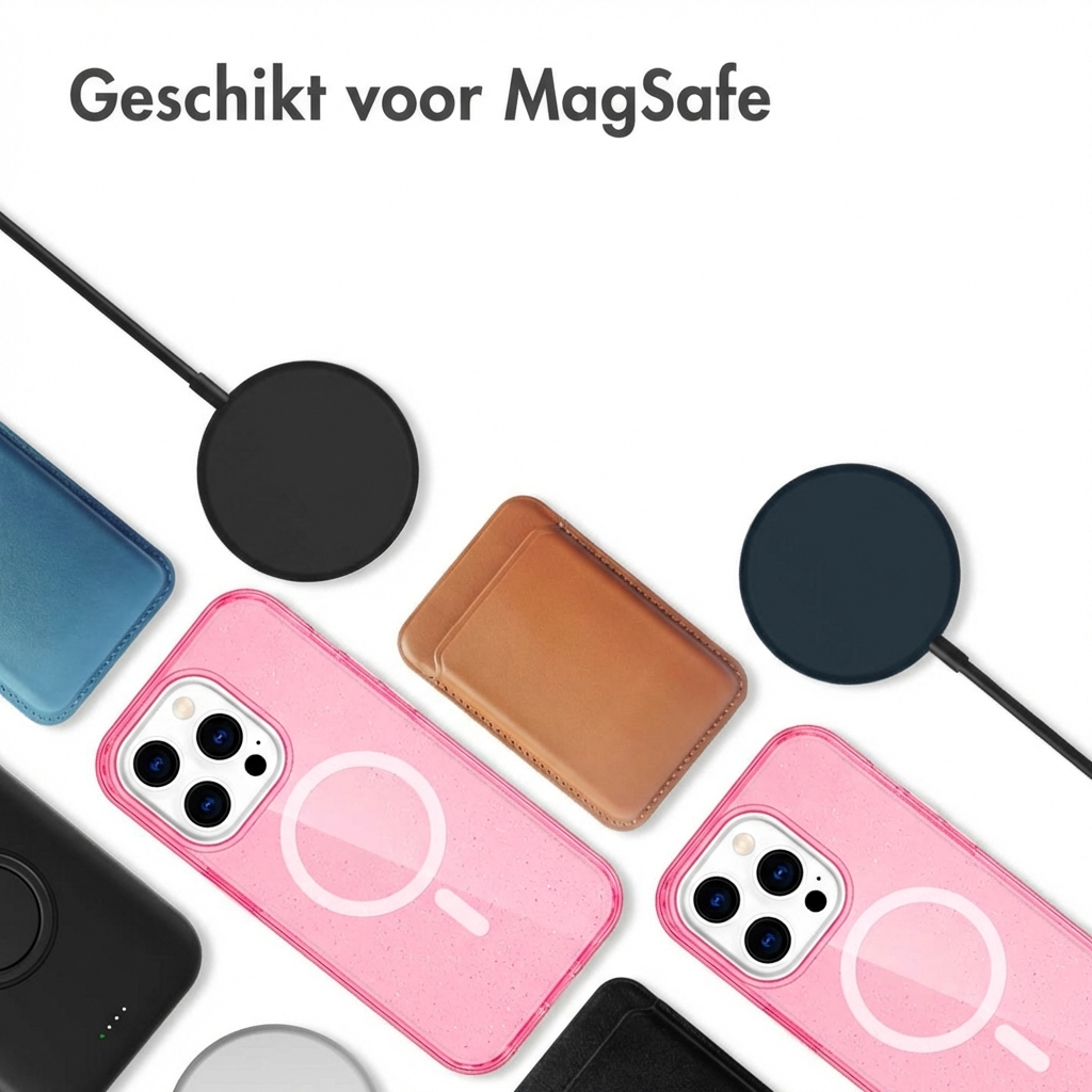 Divers étuis de téléphone et chargeurs compatibles MagSafe sur fond blanc.
