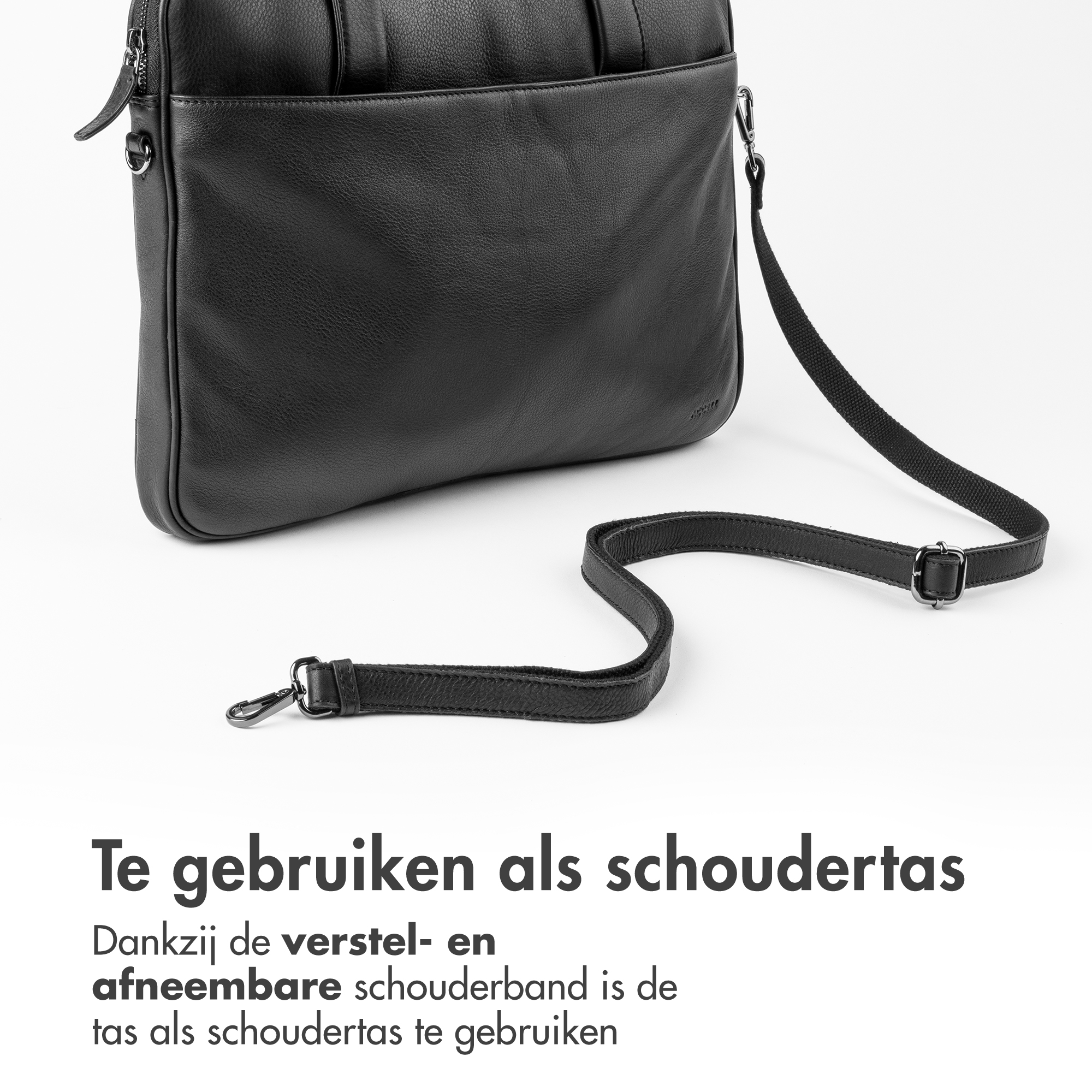 Black bag with detachable, adjustable shoulder strap.