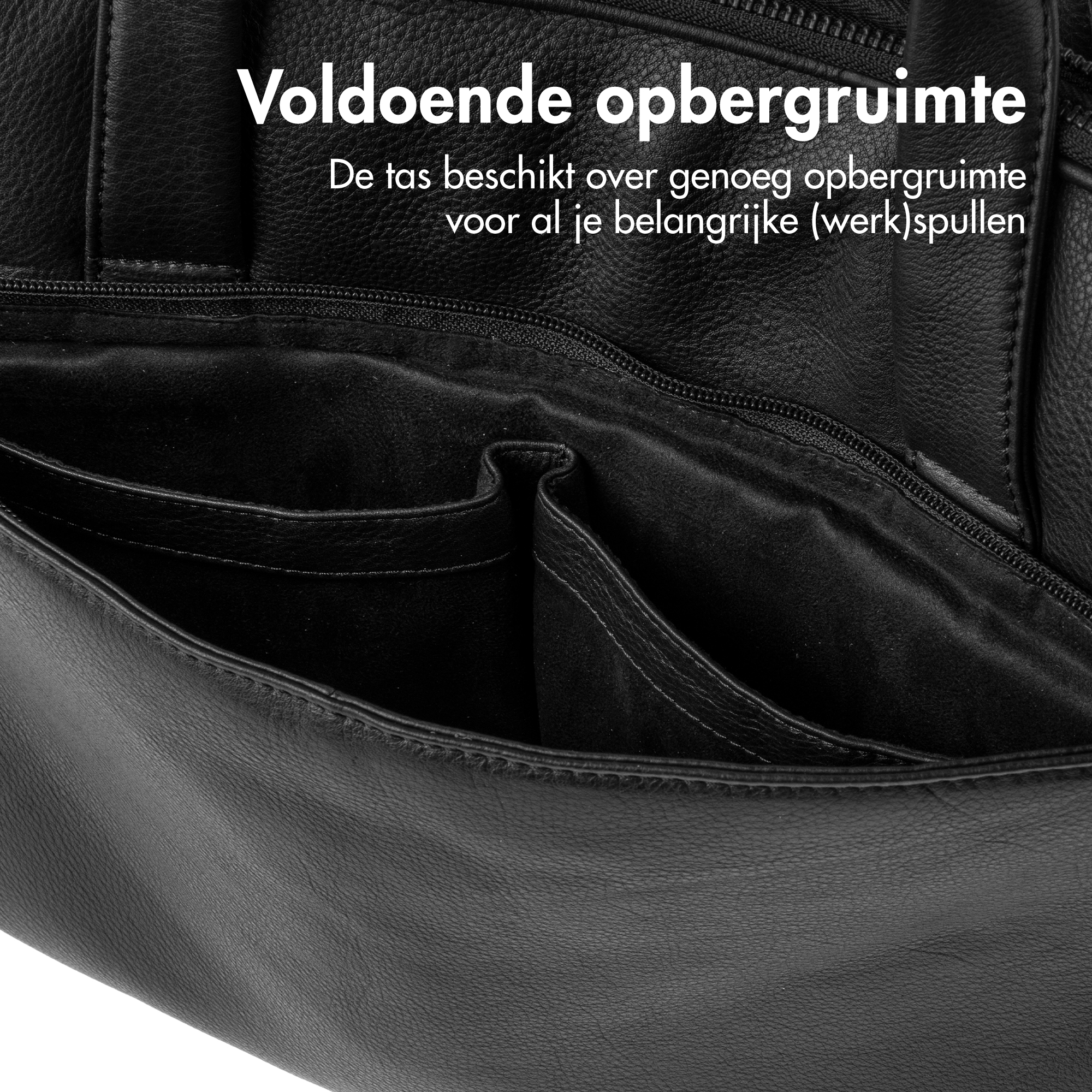 Interior view of a black leather bag with pockets and a zipper.
