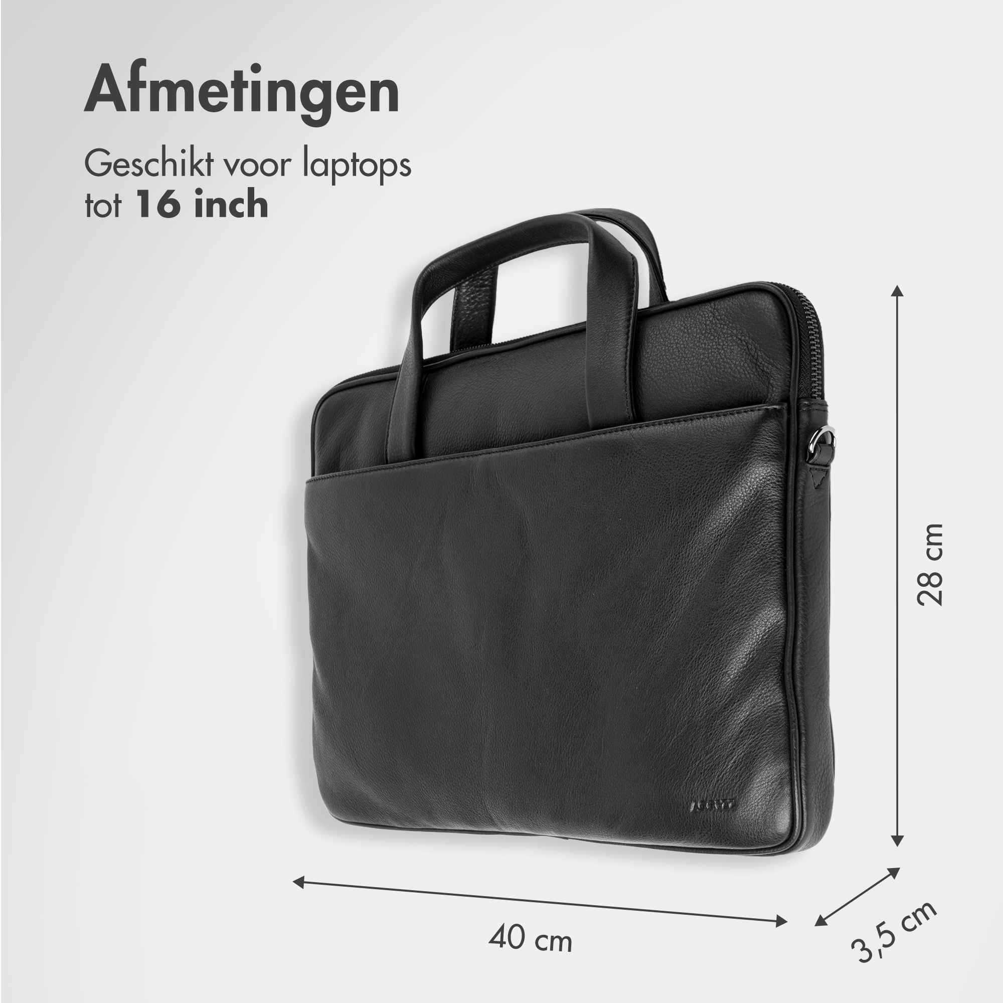Black laptop bag measuring 40x28x3.5 cm, suitable for 16-inch laptops.