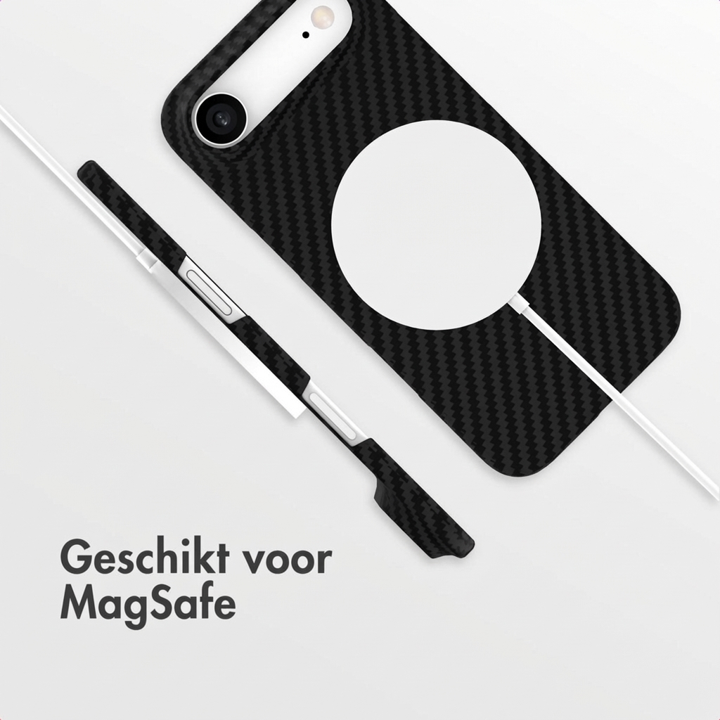 Coque de téléphone noire en fibre de carbone avec anneau MagSafe et câble blanc.