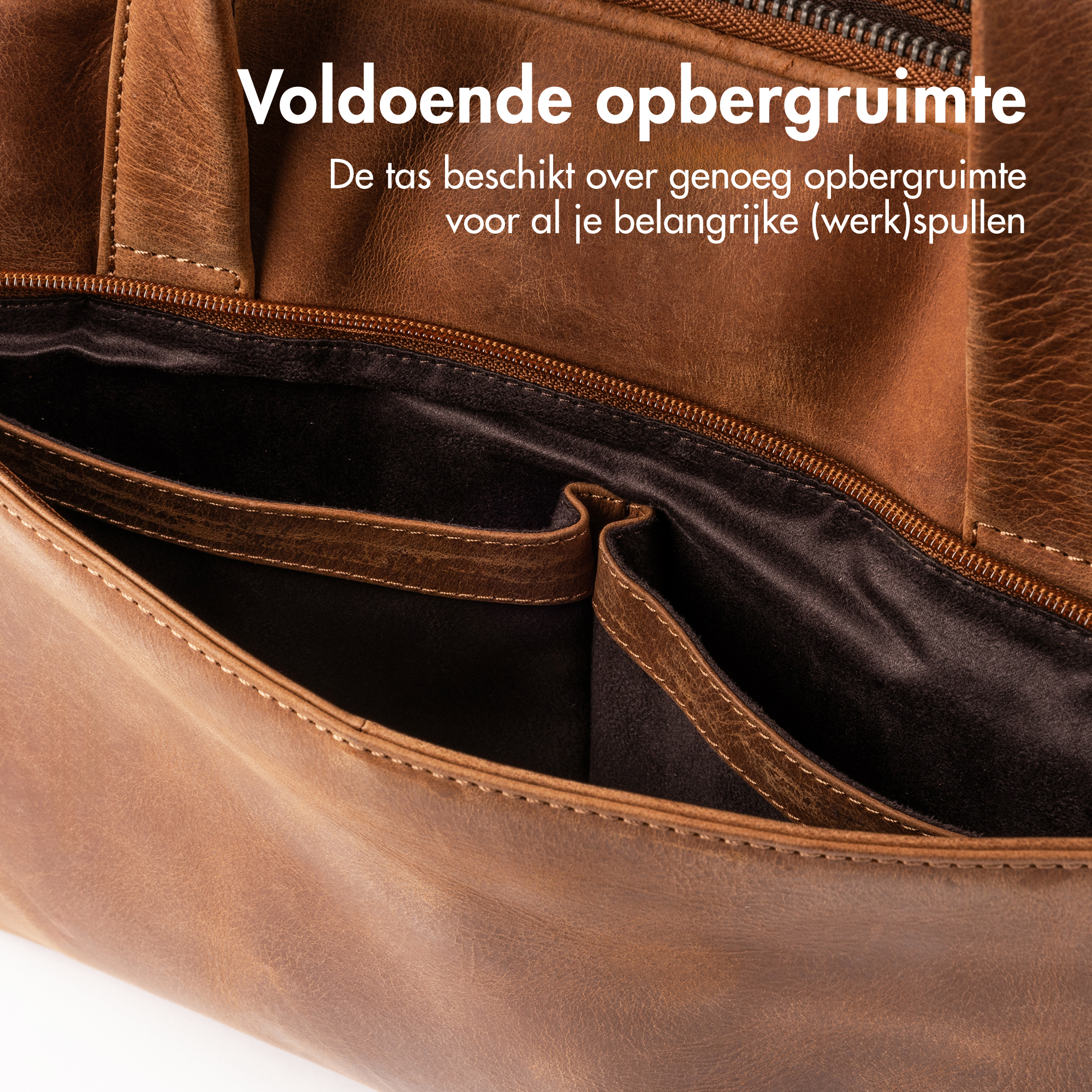Brown leather bag with an open main compartment and multiple pockets.