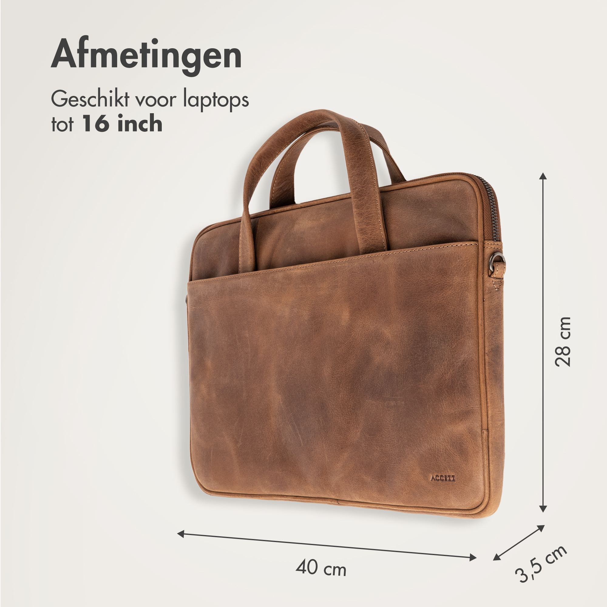 Brown leather laptop bag for up to 16-inch laptops. Dimensions 40x28x3.5cm.