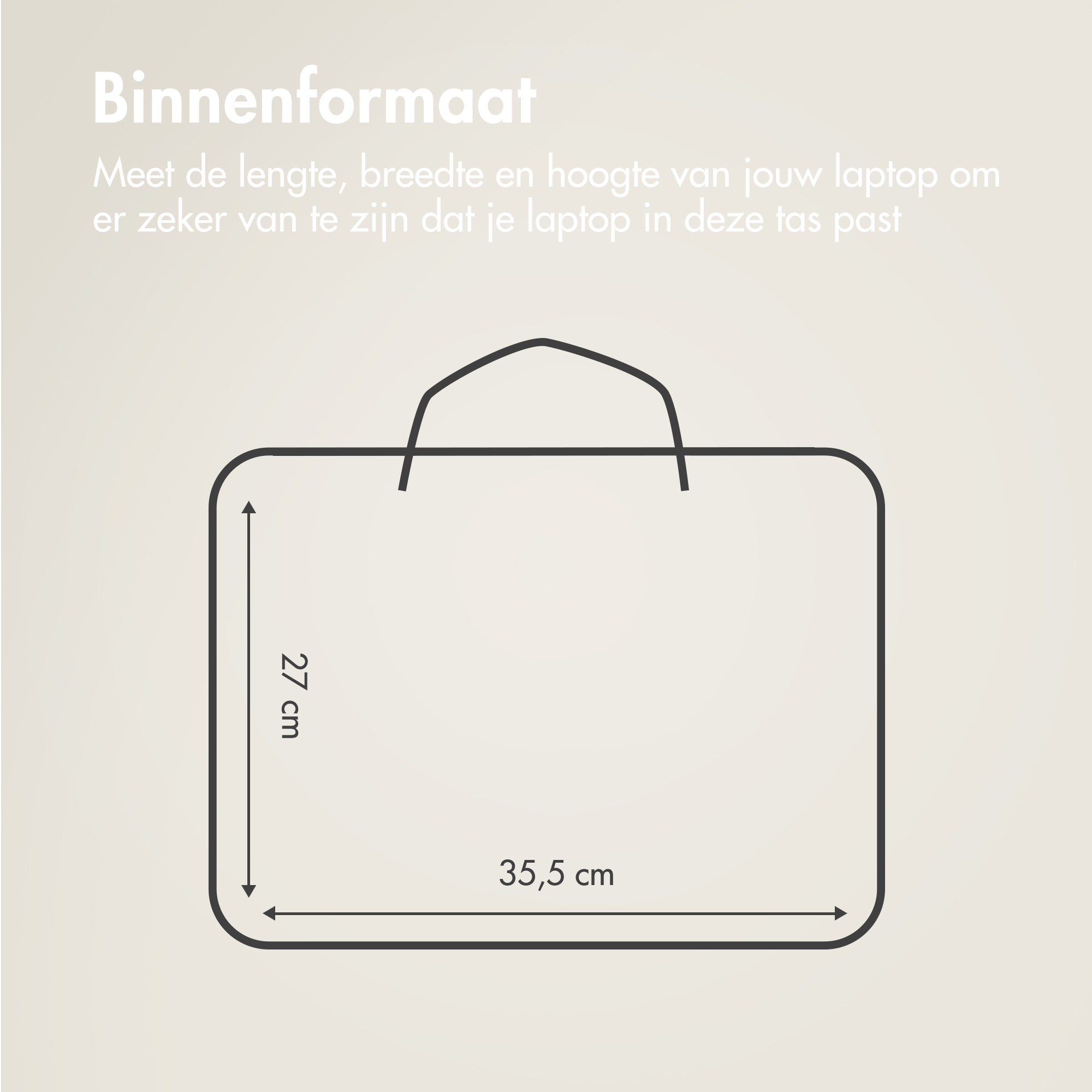 Internal dimensions: 35.5 cm wide, 27 cm high. Shows laptop bag dimensions.
