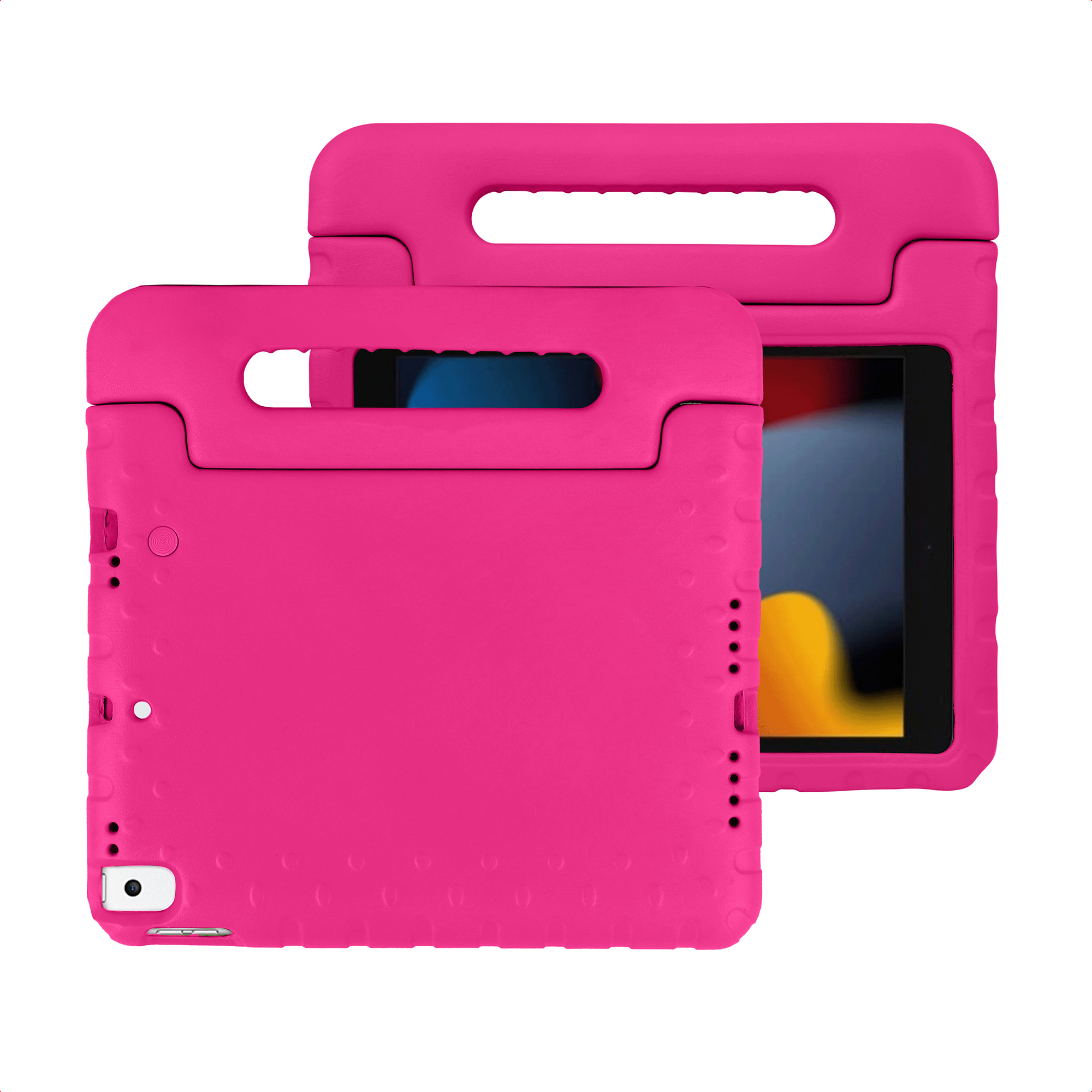 Two pink tablet cases with handles, one behind the other.