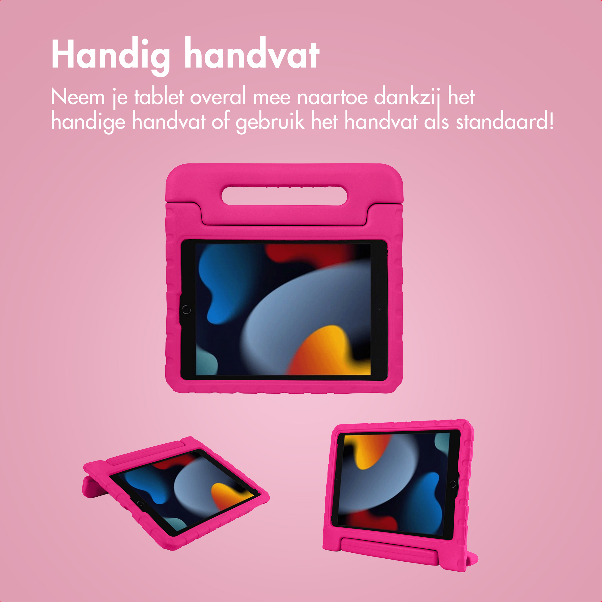 Three pink tablet cases with integrated handle and stand.