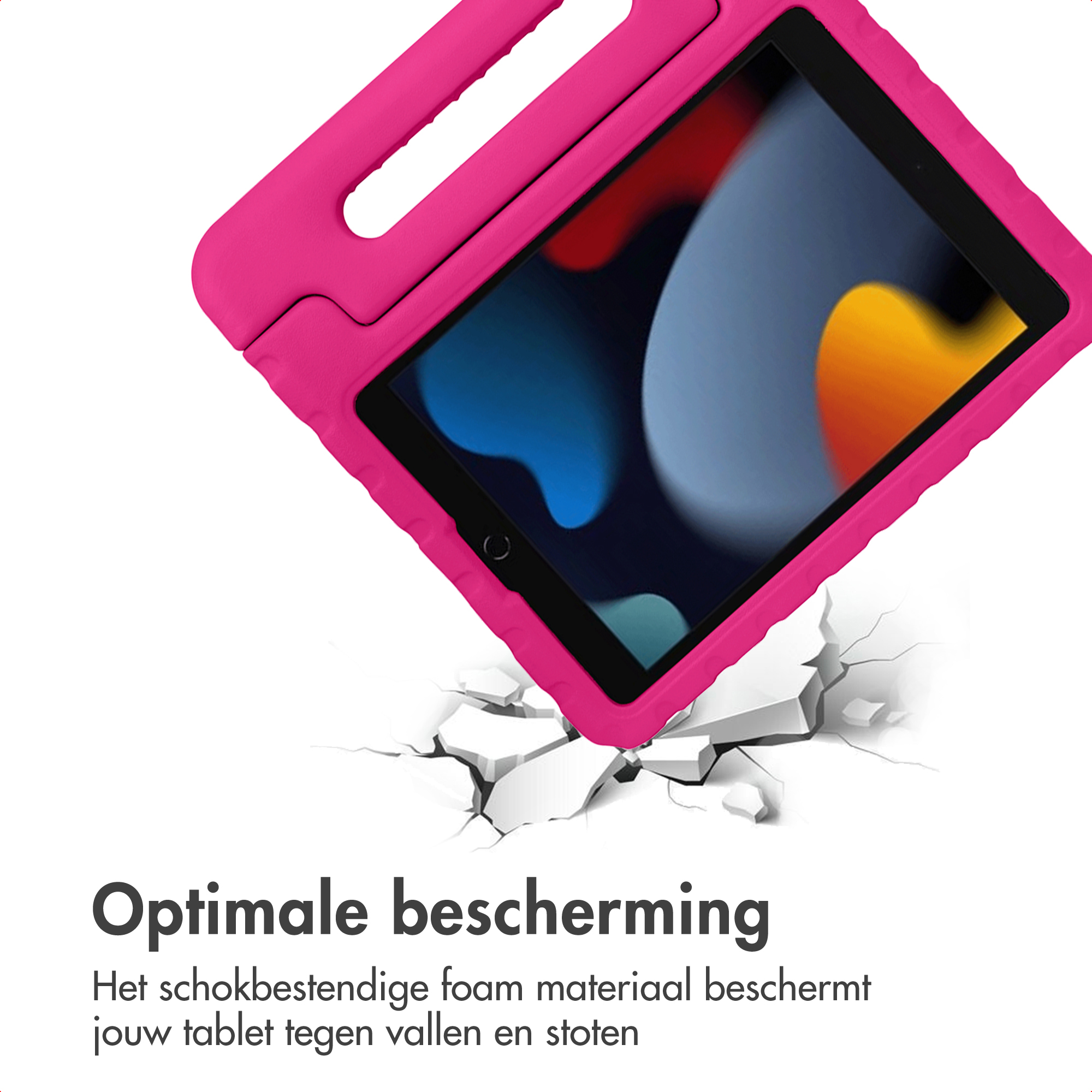 A pink tablet case with a handle breaks through a white surface.