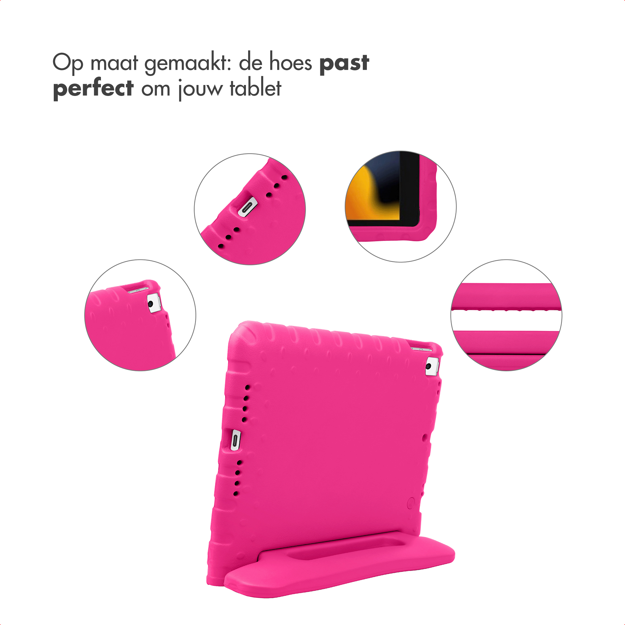 A pink tablet stand with cutouts for ports and a tablet.