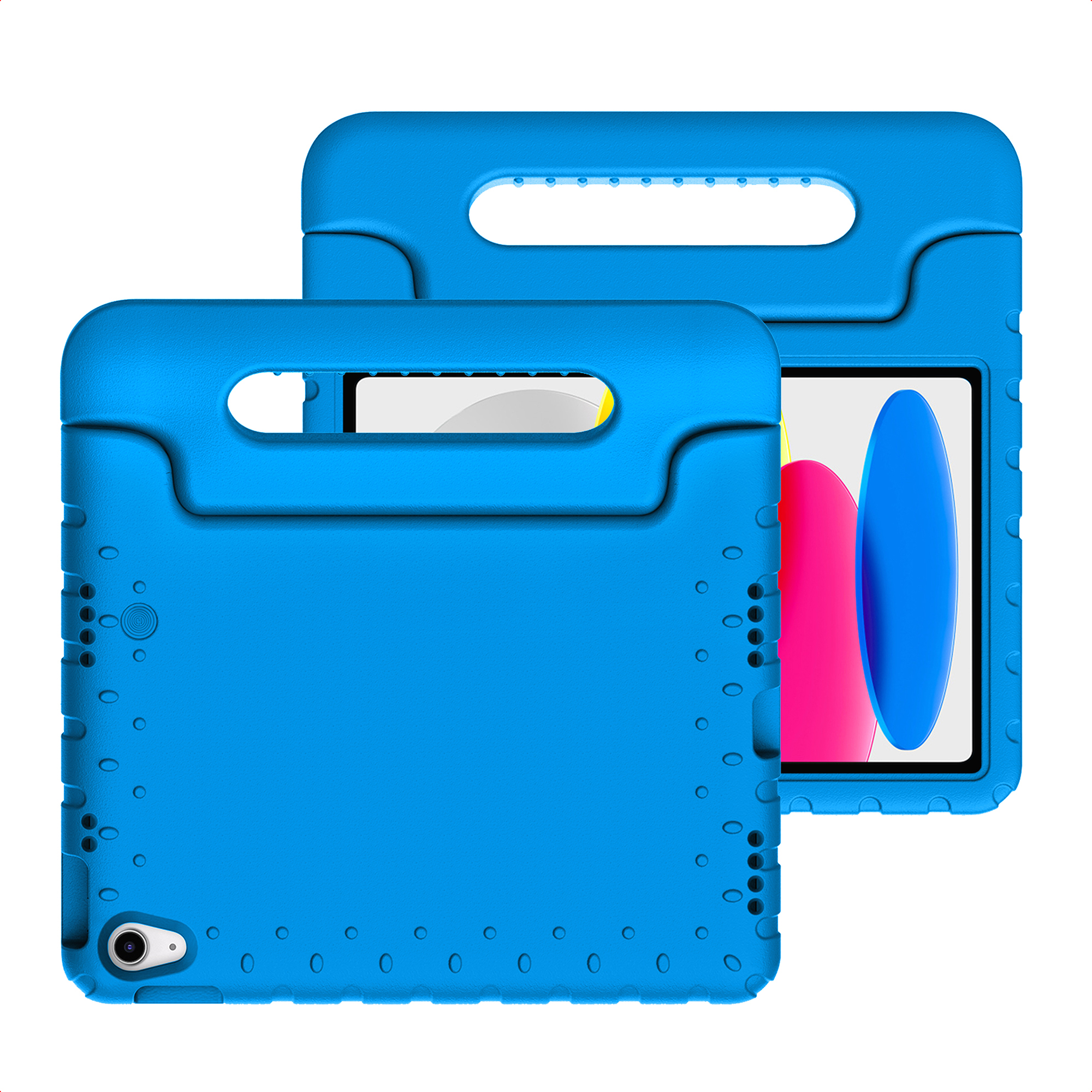 Twee blauwe tablethoesjes met handvatten en uitsparingen voor camera's en knoppen.