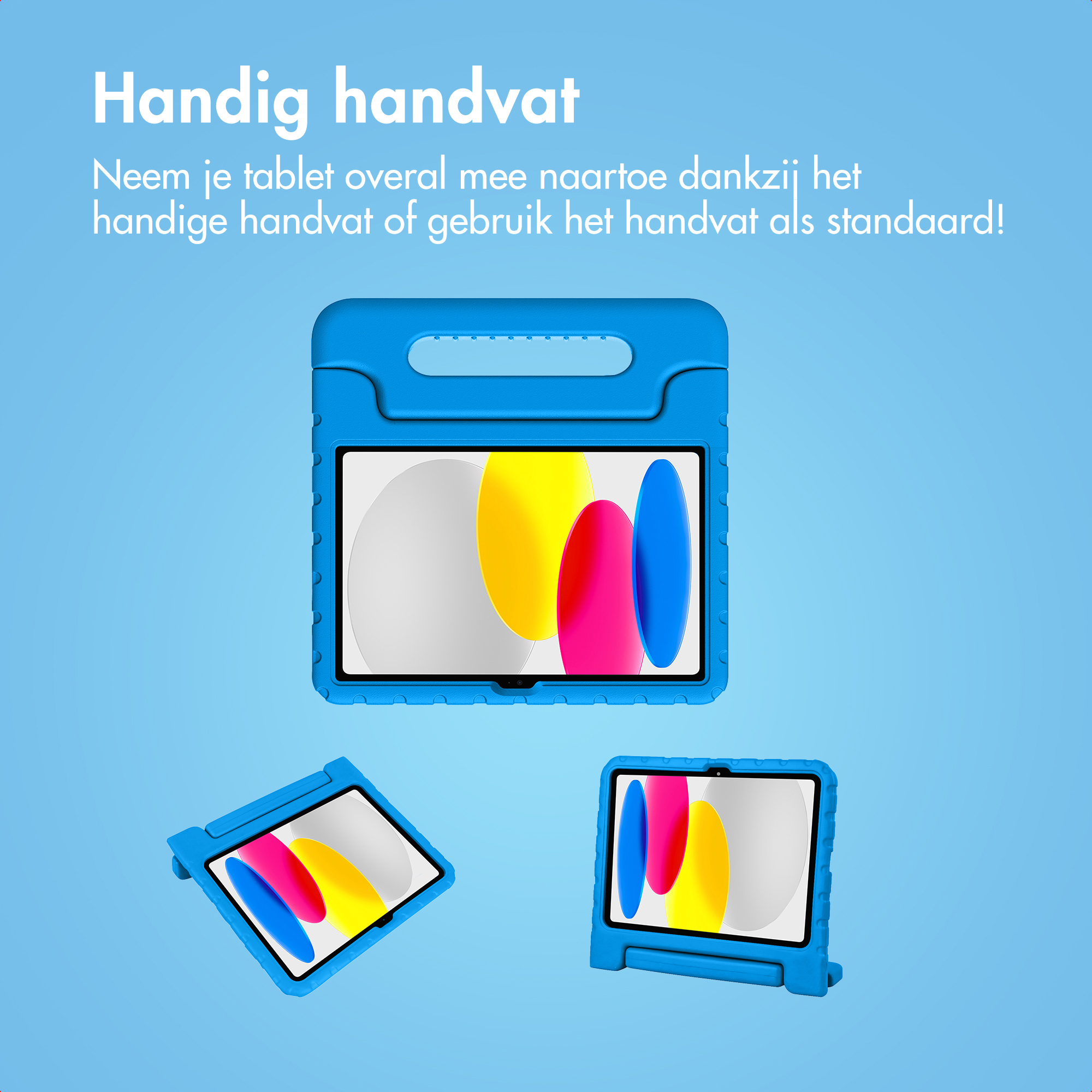Een blauwe tablet met handvat, getoond als standaard.