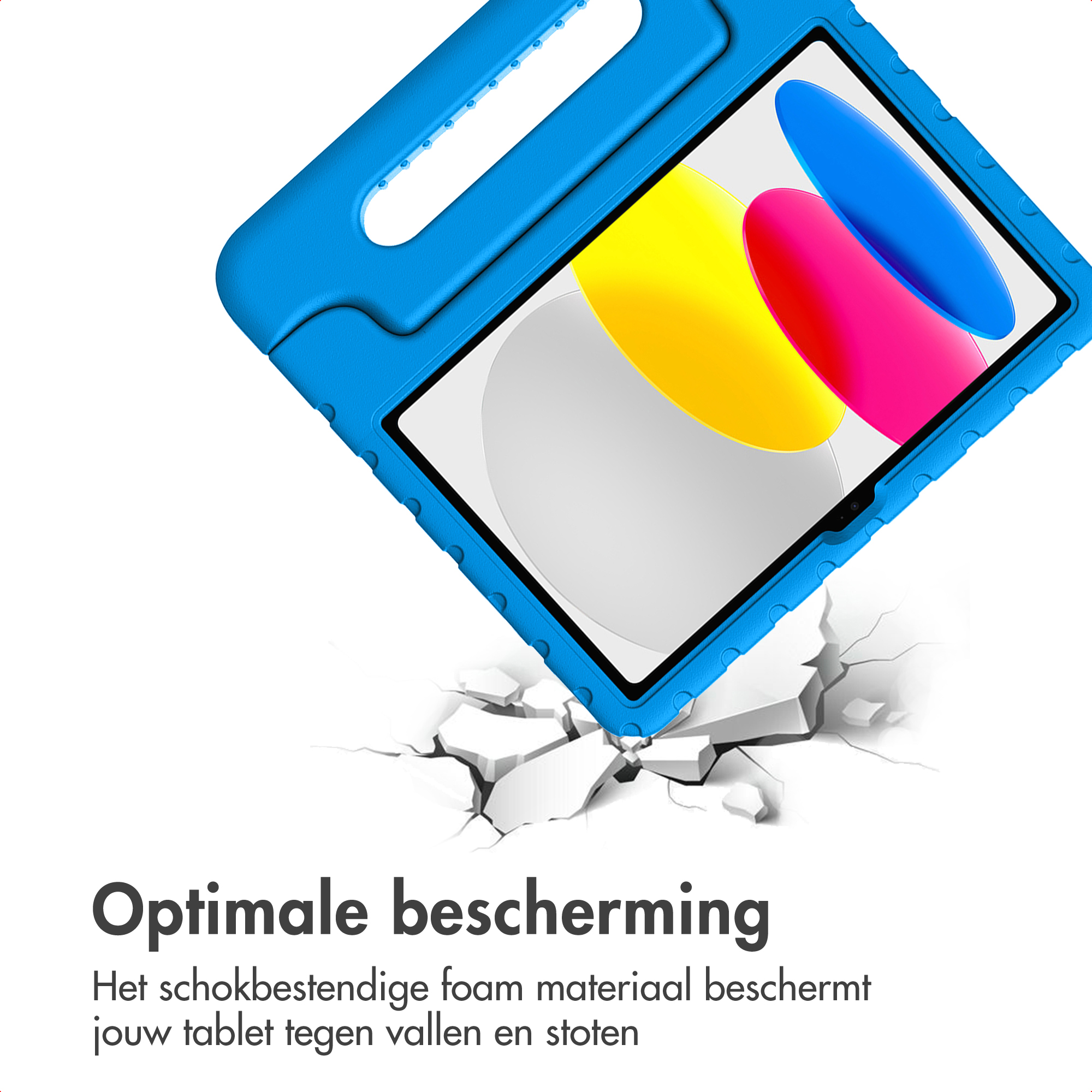 Blauwe tablethoes breekt door een vloer.