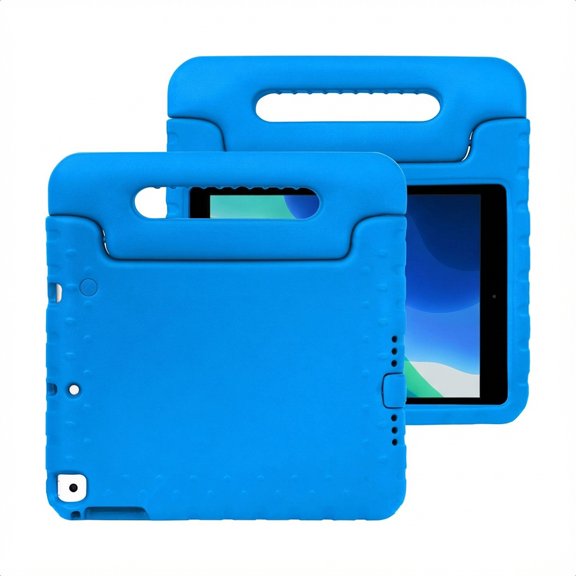 Two blue tablet cases with handles, one behind the other in front.