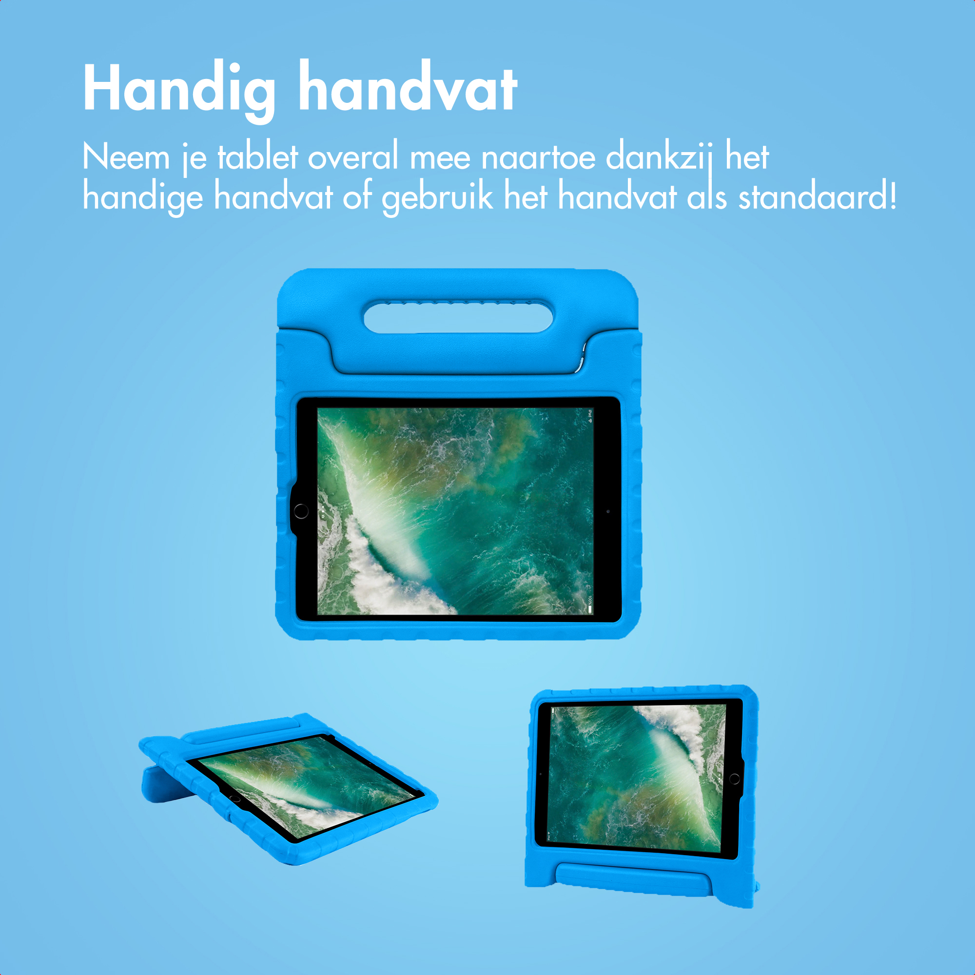 Blue tablet case with handle, shown in three views.