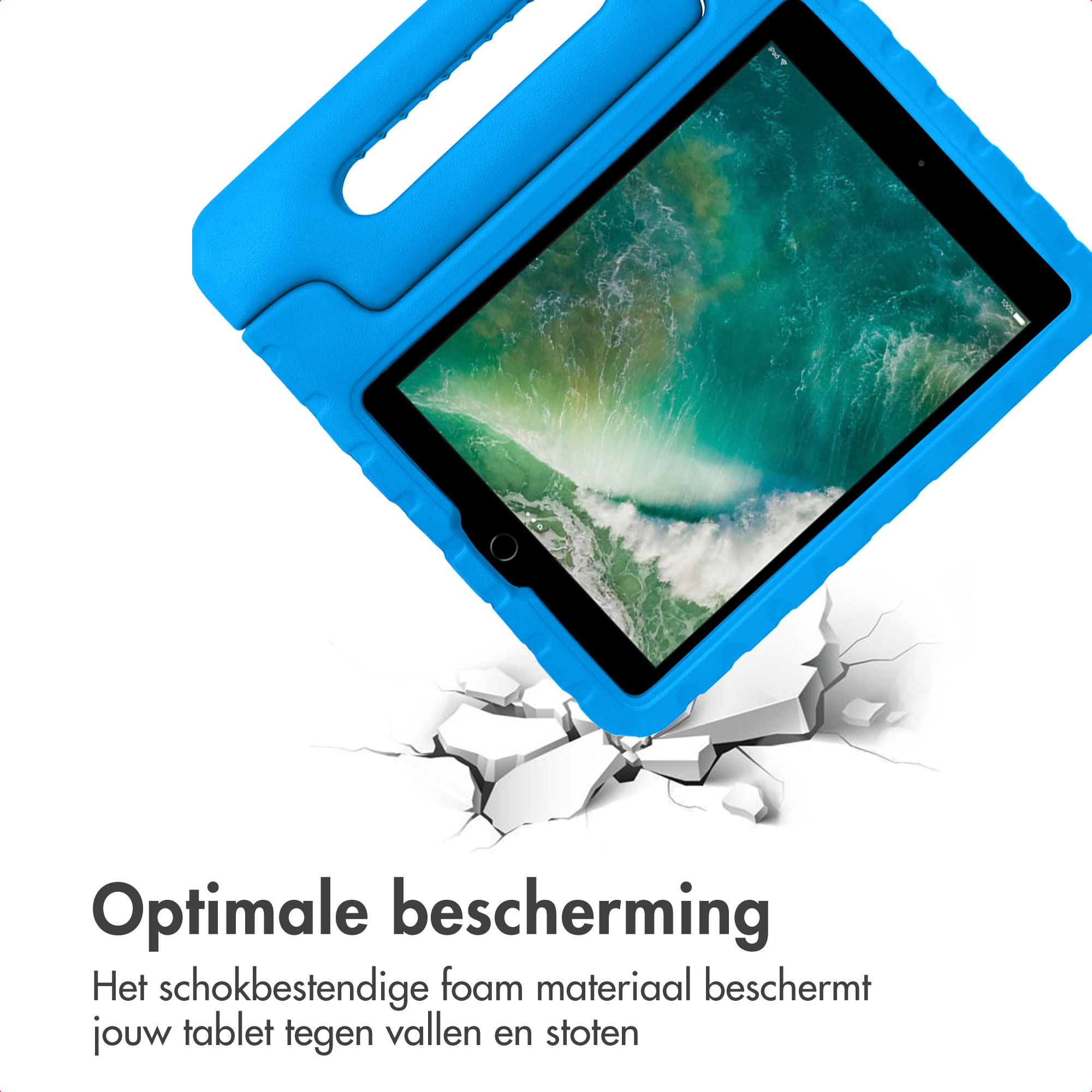 A blue tablet in a shockproof case rests on cracked ground.