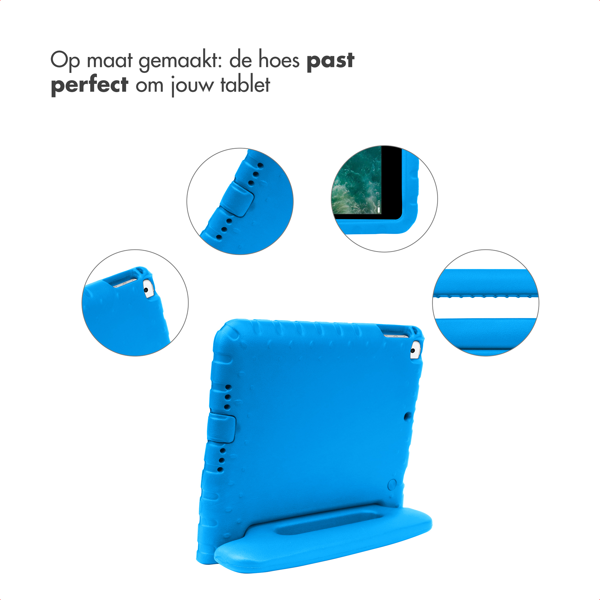 Blue tablet case with stand and cutouts for ports.