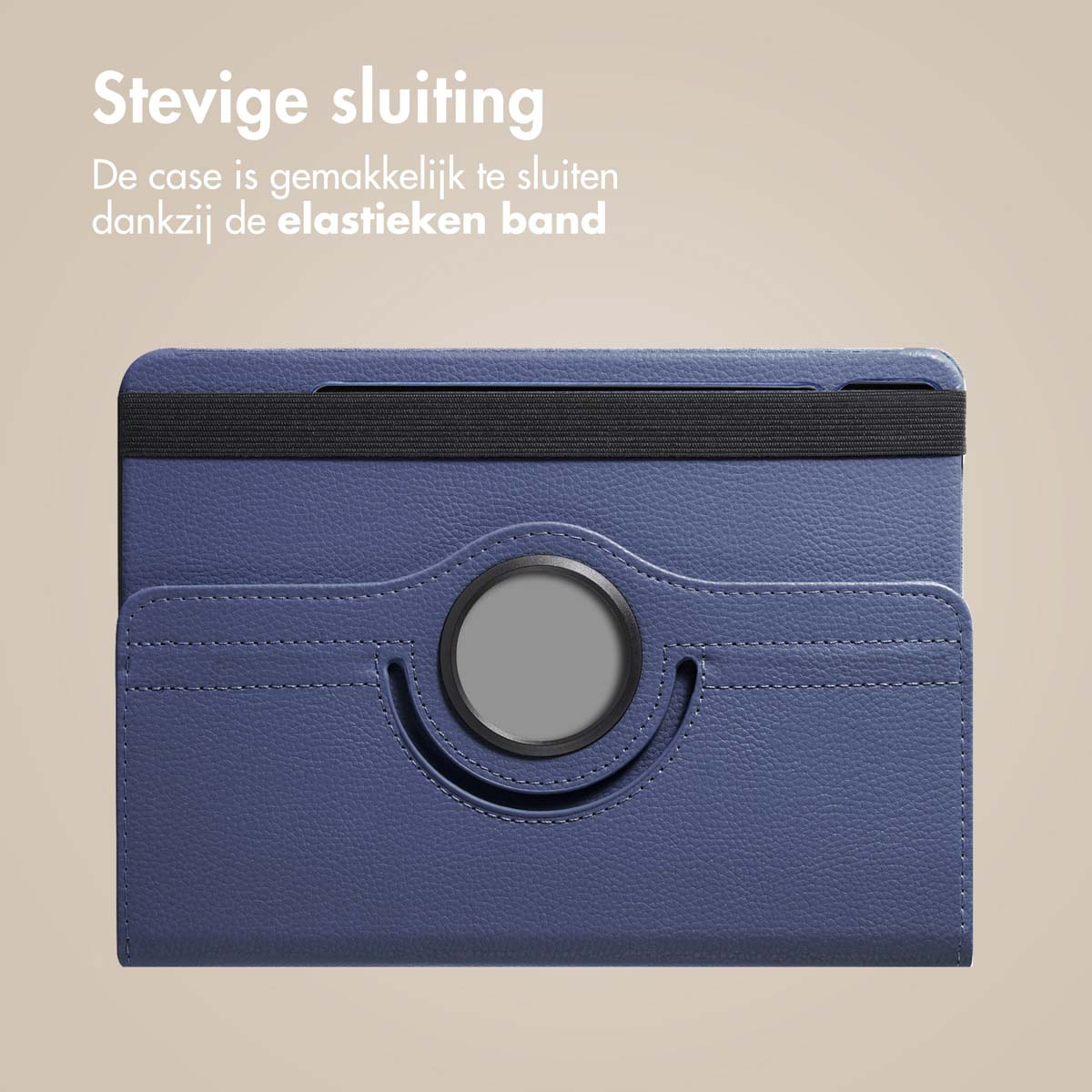 Dark blue tablet case with black elastic band and camera ring.