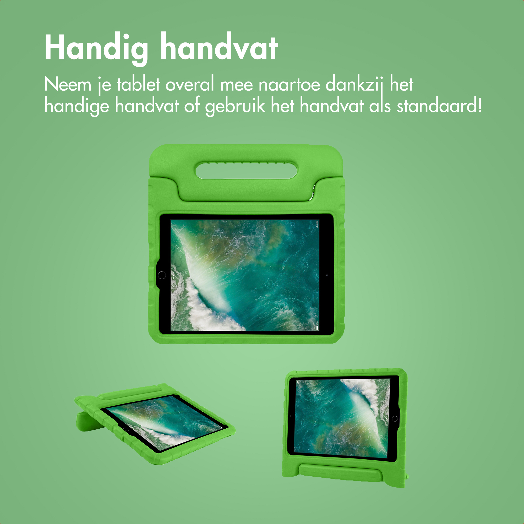 Groene tablethoes met handvat en standaardfunctie.