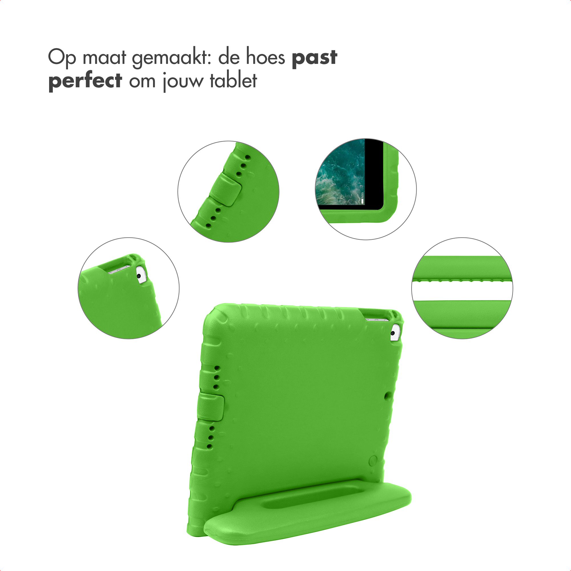 Groene tablethoes met standaard en uitsparingen voor poorten.