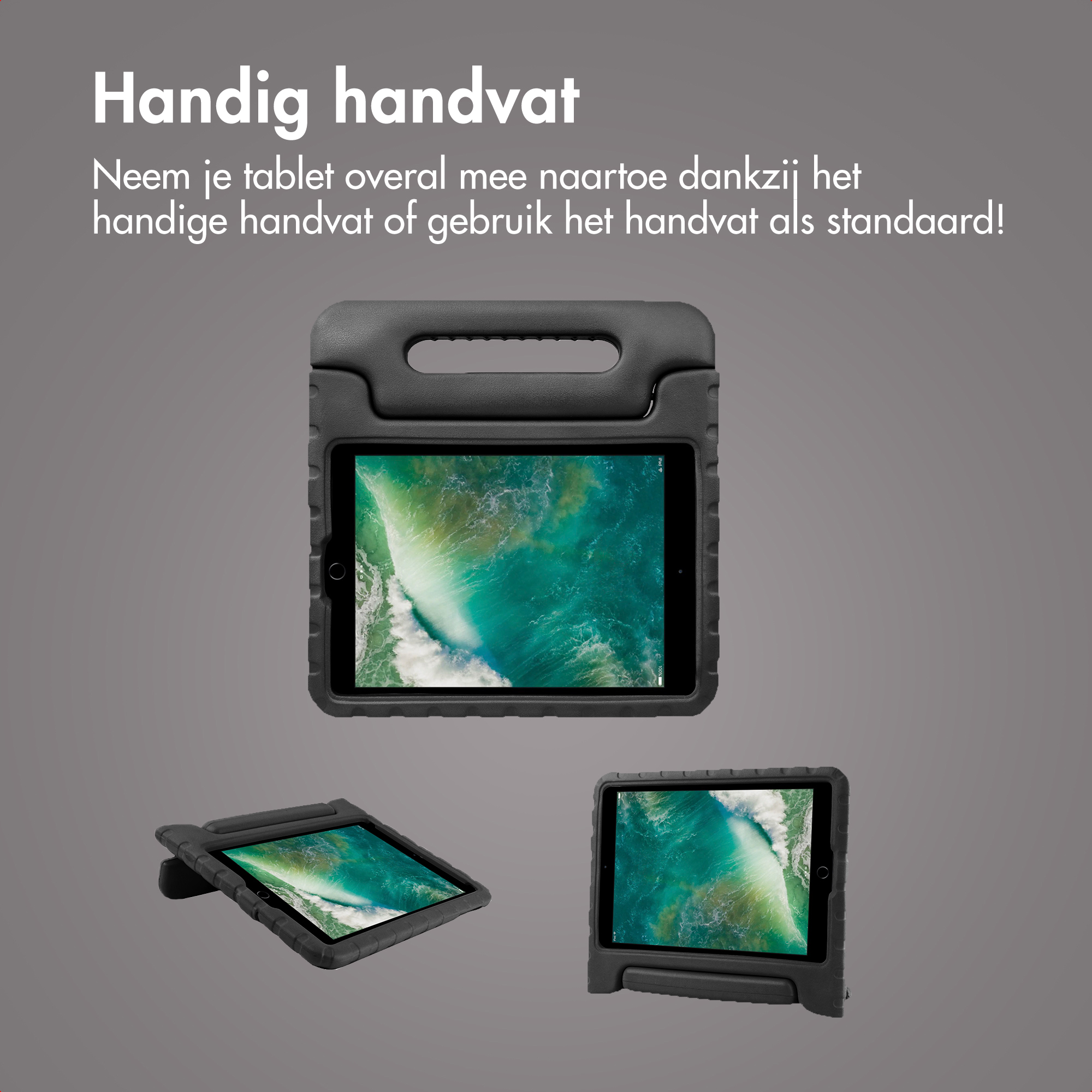 Black tablet cases with handles and stands, displaying tablets.