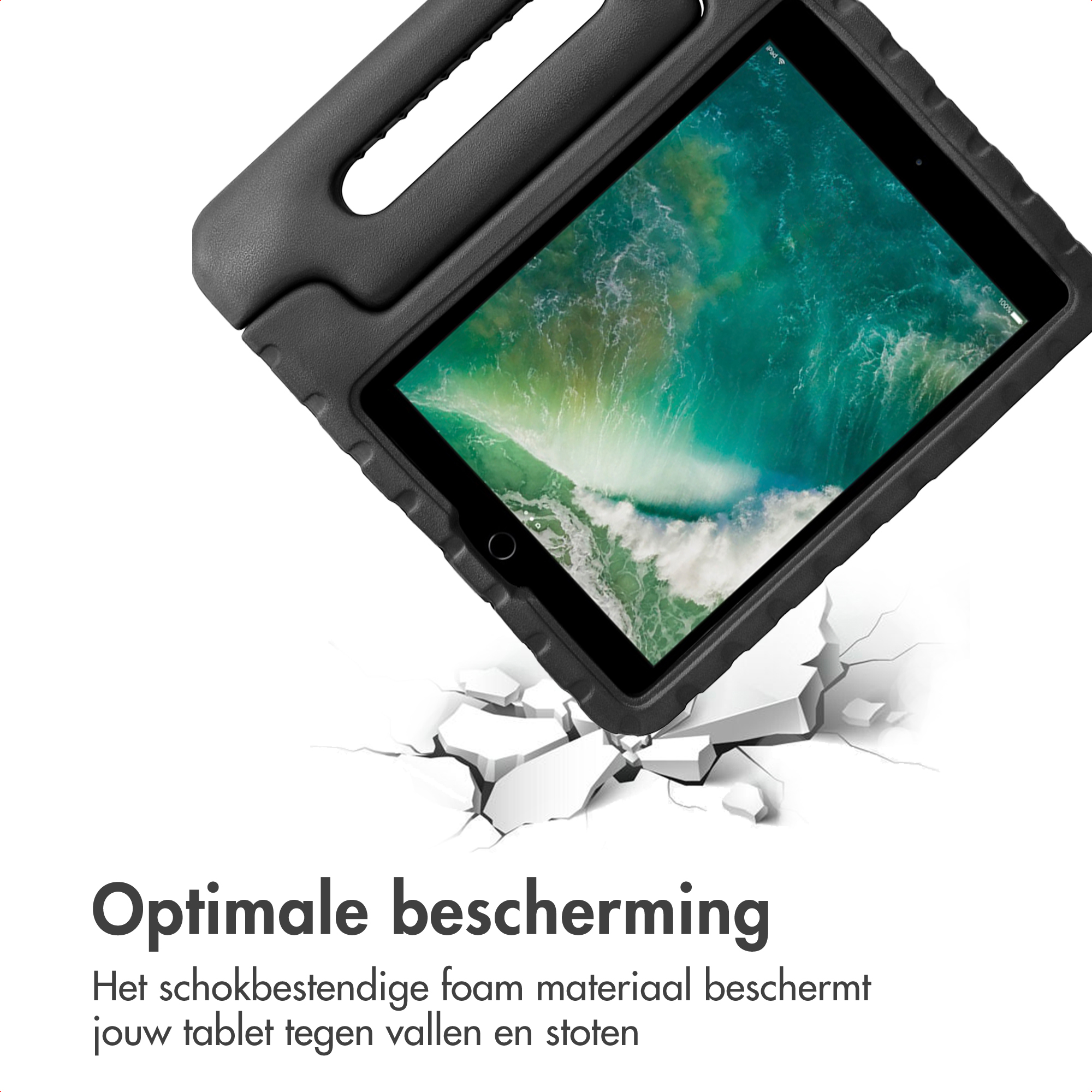 Black tablet case with handle falling onto cracked ground.