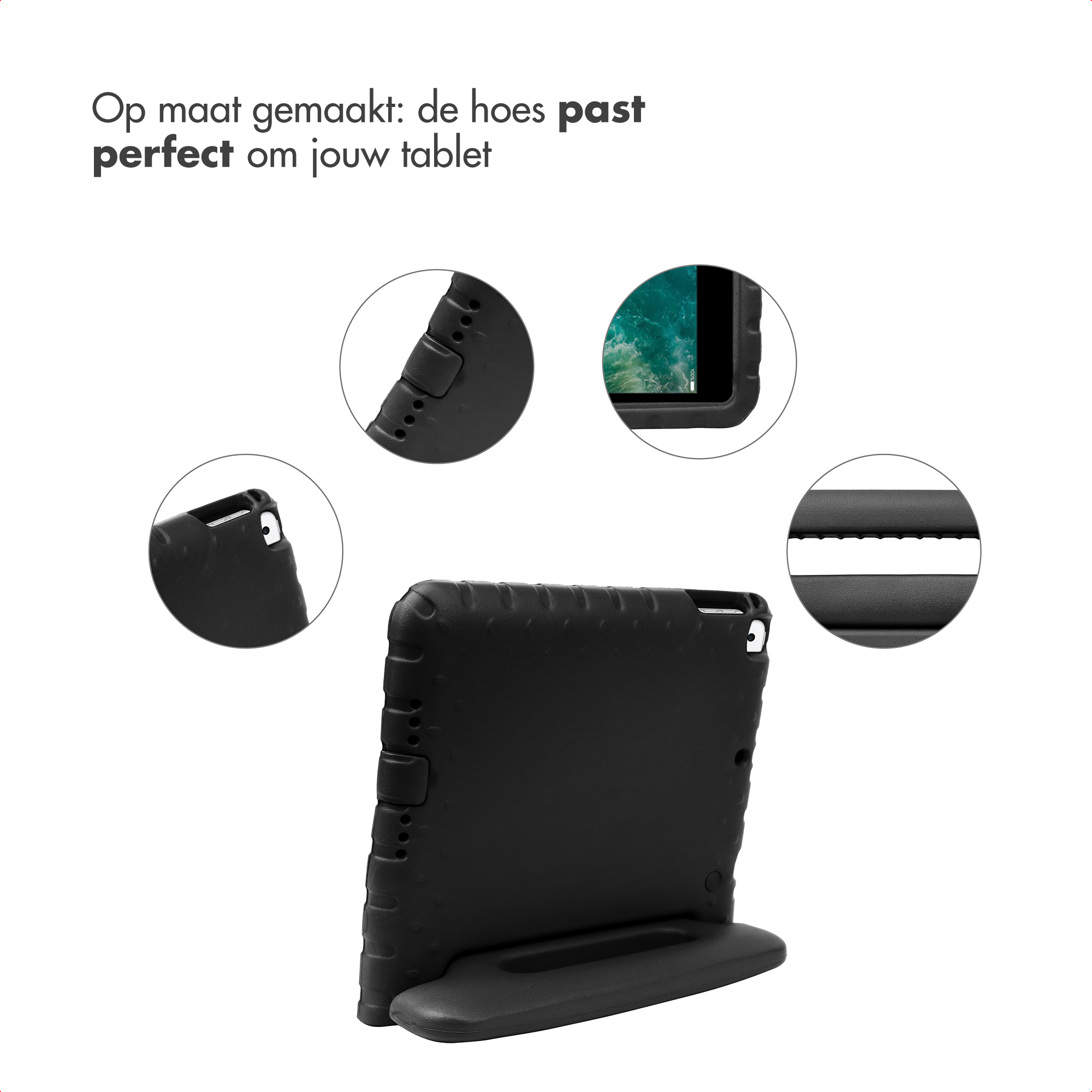 Black tablet case with stand function, close-ups of details.