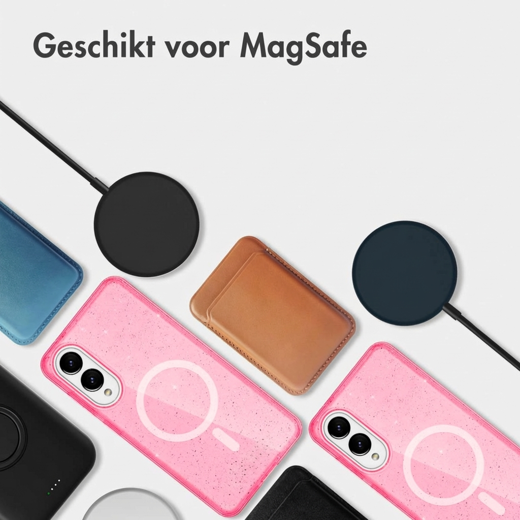 Plusieurs coques et chargeurs de téléphone compatibles MagSafe sur fond blanc.