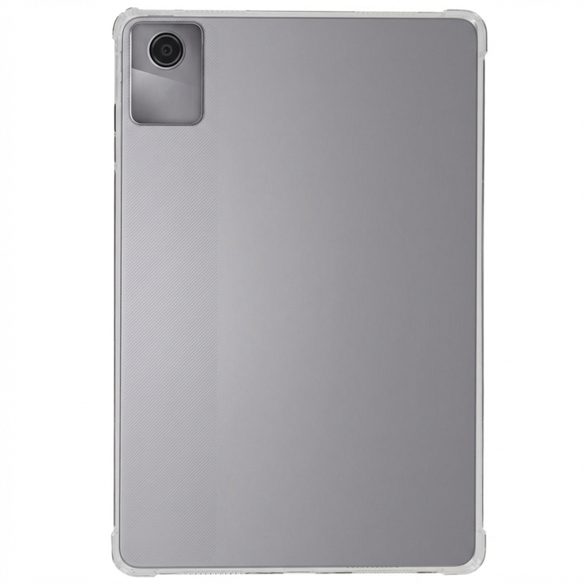 Back of a gray tablet with a camera unit in the top left corner.