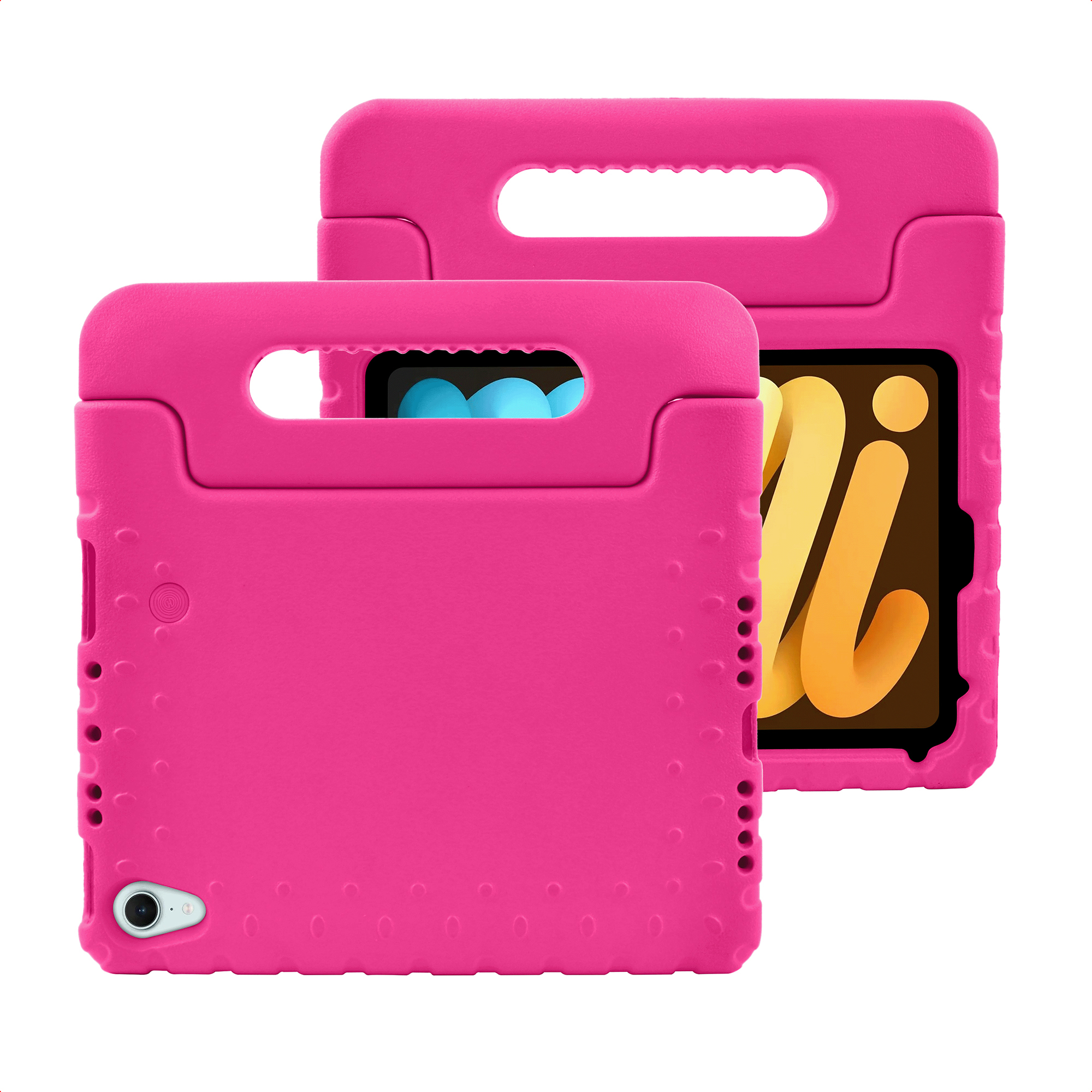 Deux étuis roses pour tablette avec poignées, l'un montrant une tablette à écran coloré.