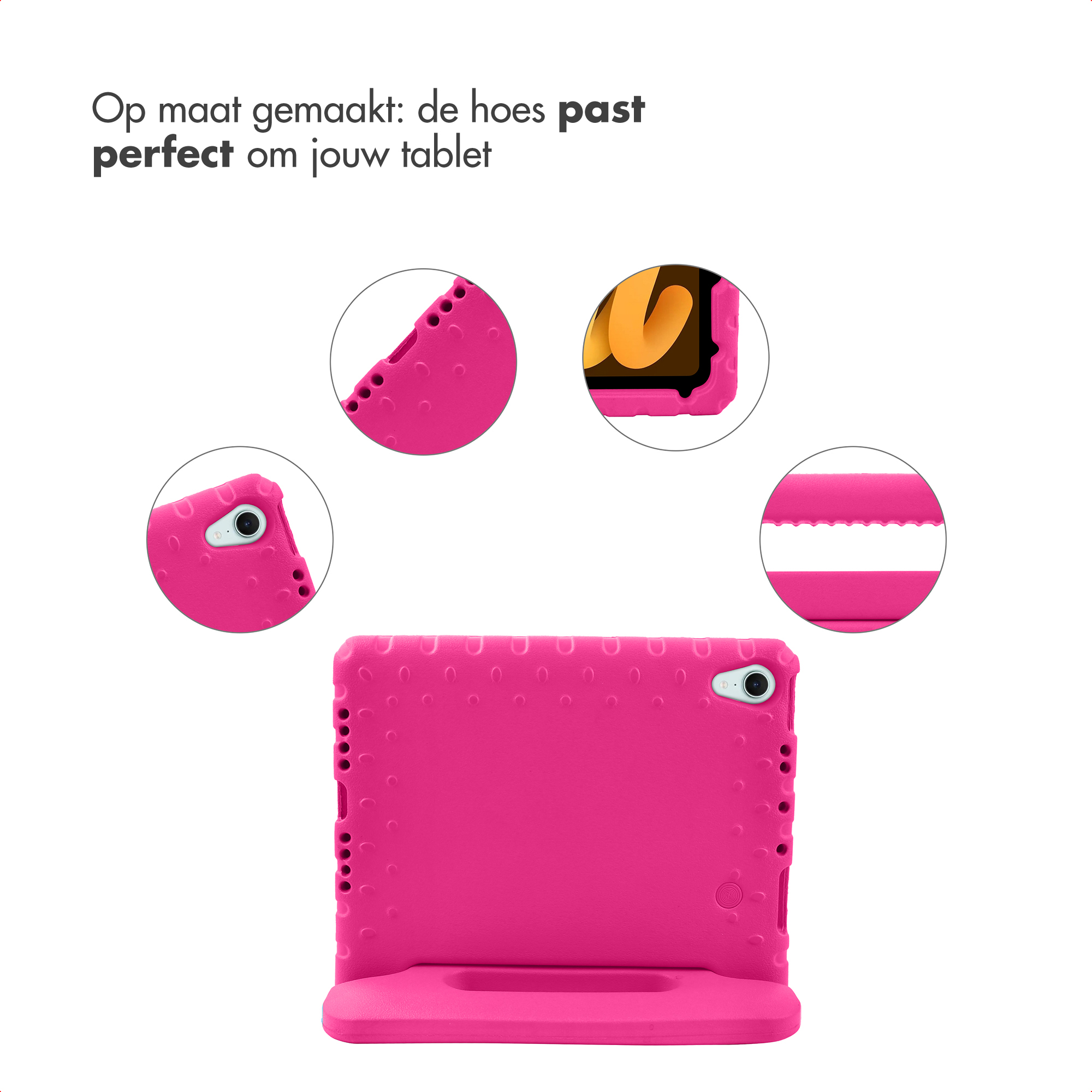 Une housse de tablette rose avec découpes pour appareil photo et boutons.