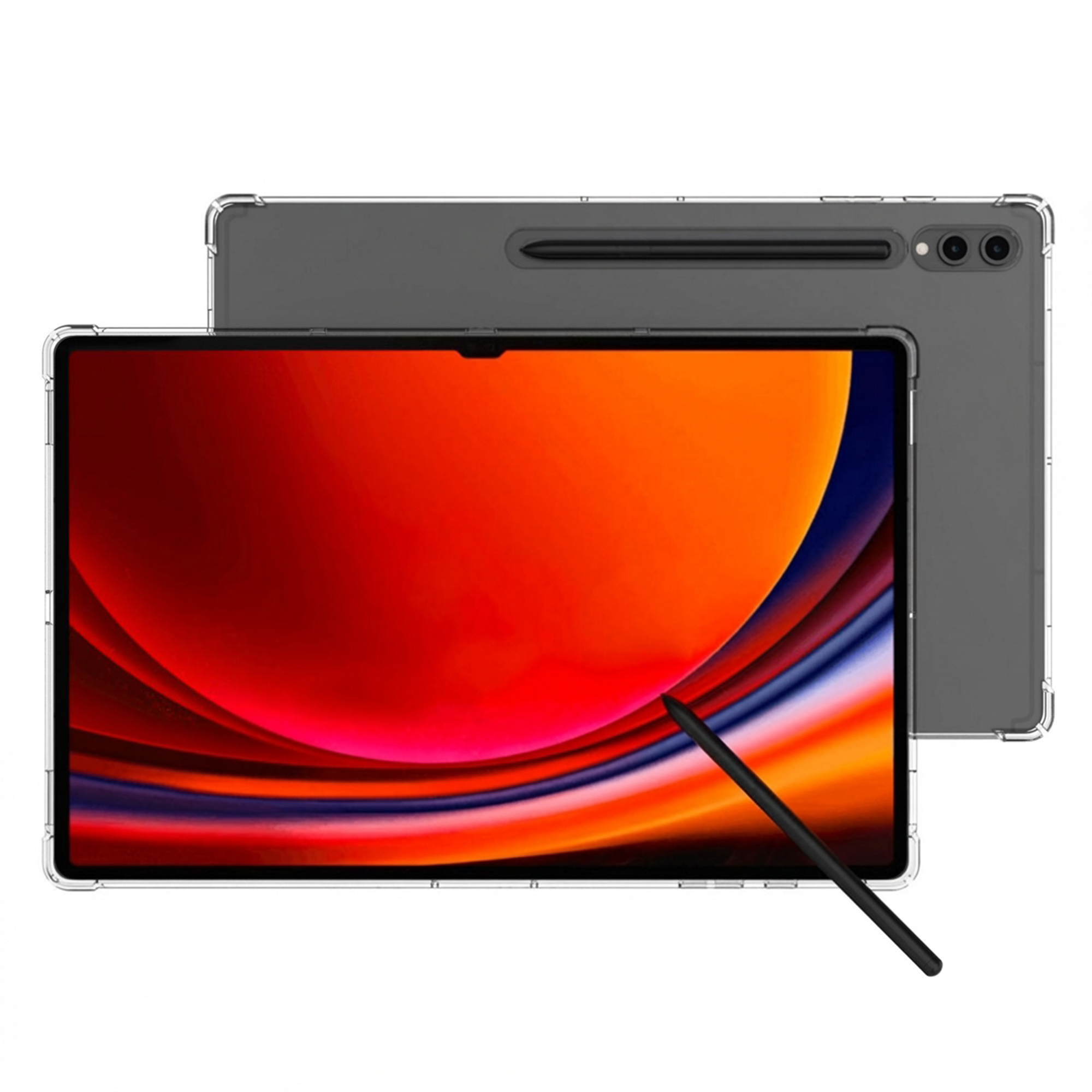 A tablet with a stylus, displaying an abstract red and orange graphic.