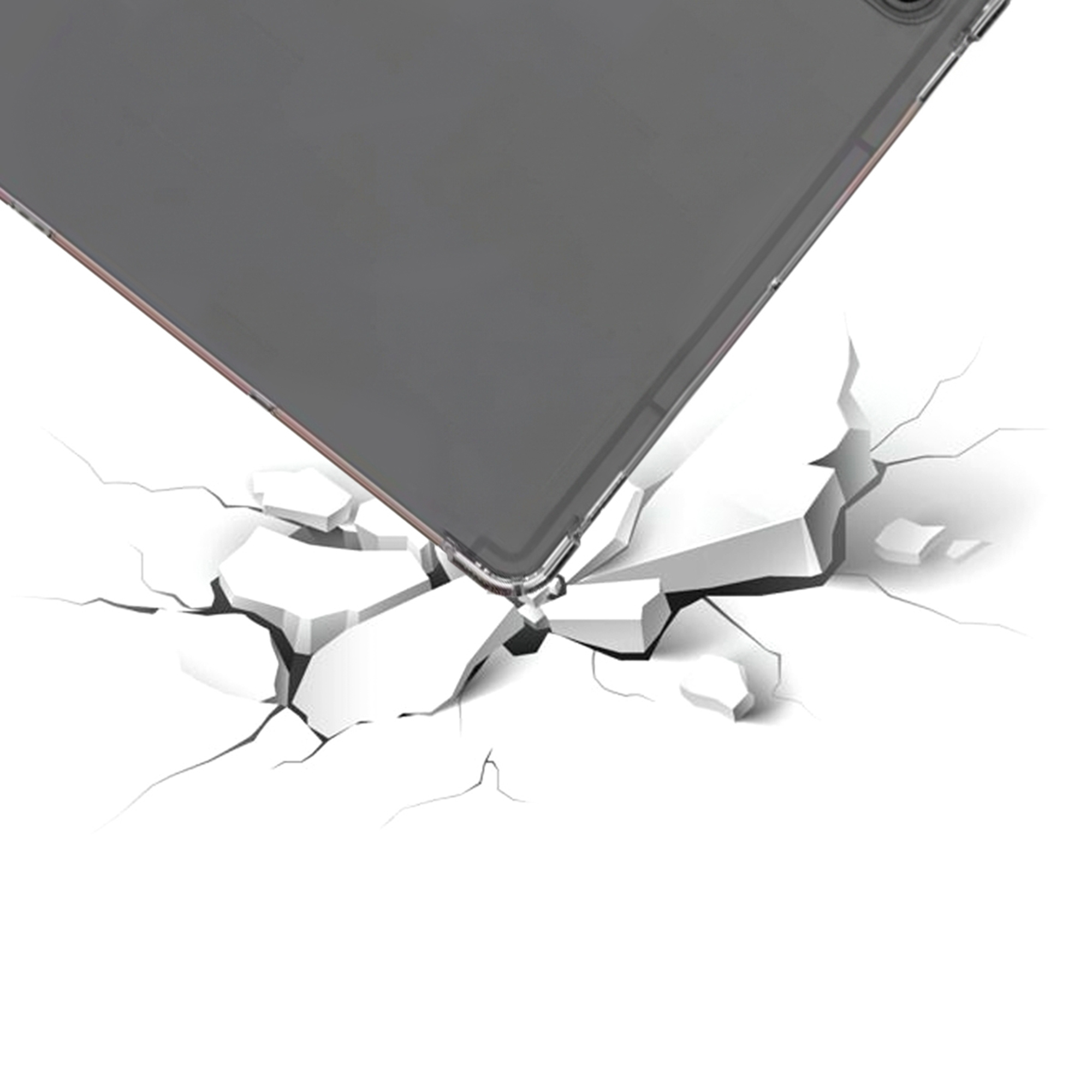 A gray smartphone falls, breaking a white surface.