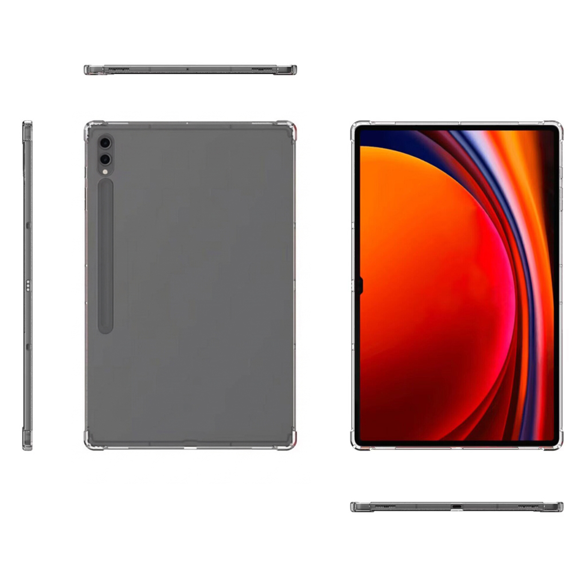A tablet in a clear case, shown from front, back, and side views.