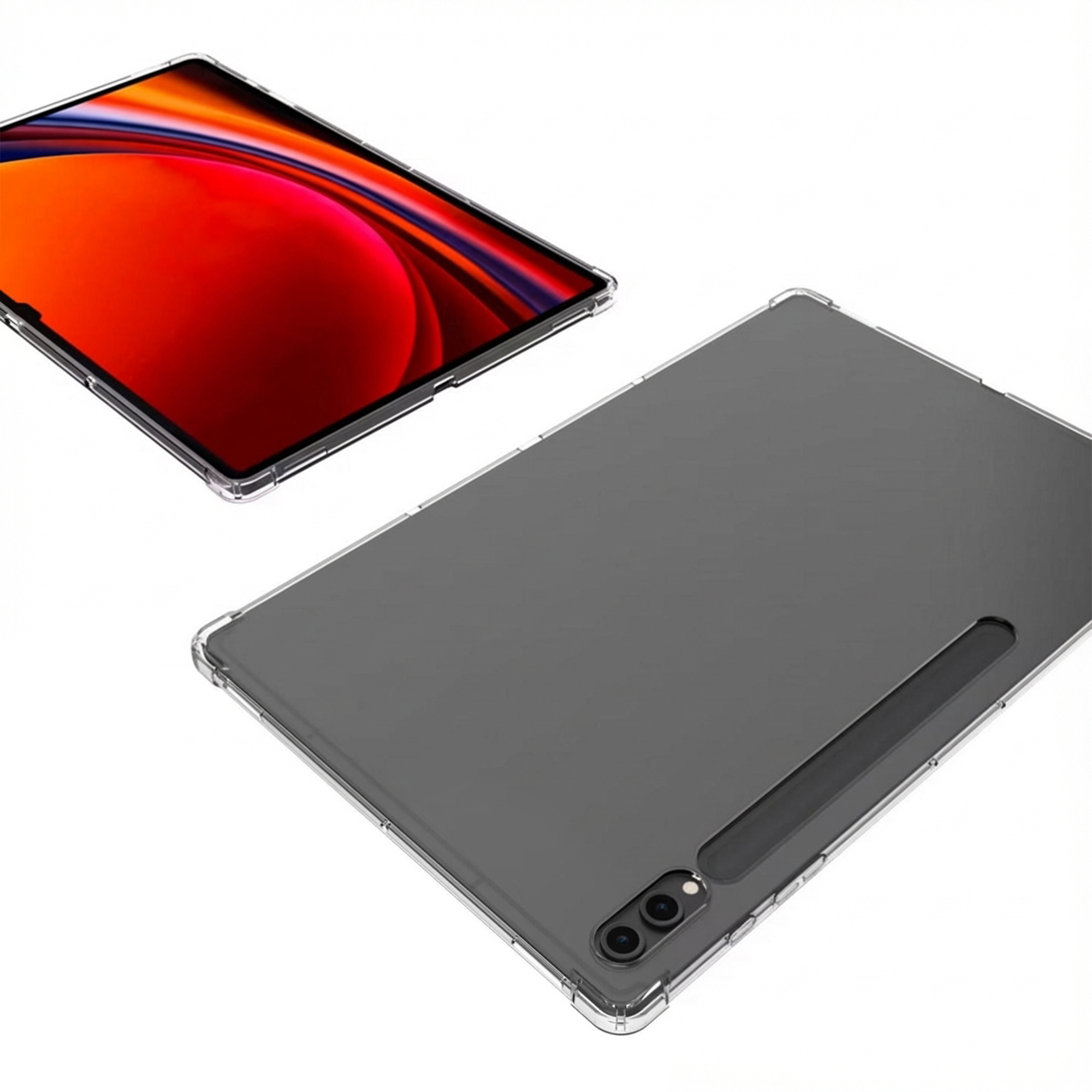 Two transparent cases for tablets. One shows its red screen, the other its back.