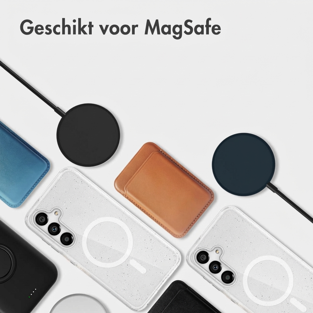 Plusieurs coques de téléphone et chargeurs MagSafe disposés sur fond blanc.