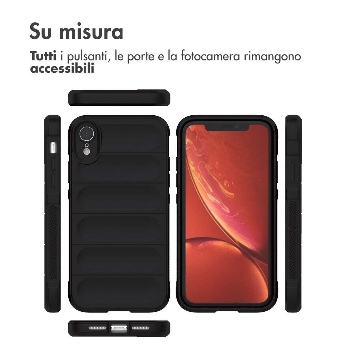 Coque de téléphone noire avec nervures, montrant l'accès aux boutons et ports.