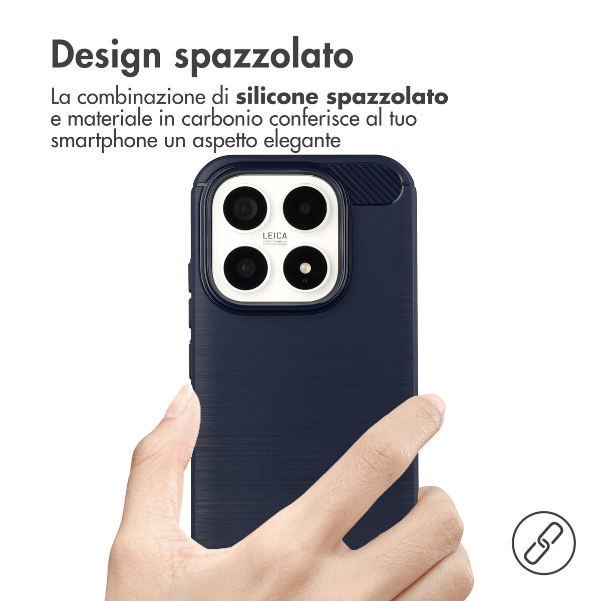Donkerblauwe telefoonhoes met geborsteld design en Leica-camera.
