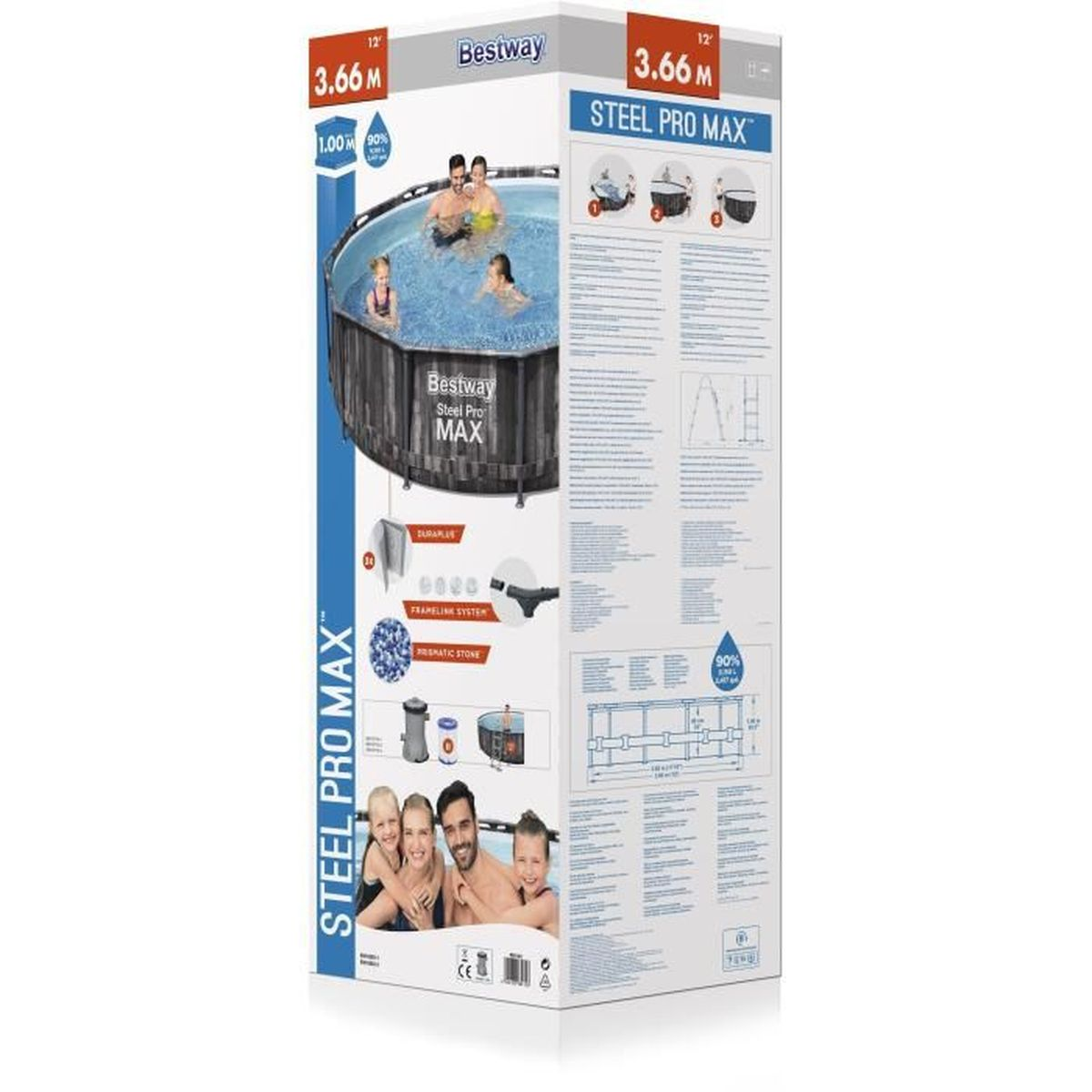 Opakowanie basenu Bestway Steel Pro MAX, z rodziną kąpiącą się w basenie.