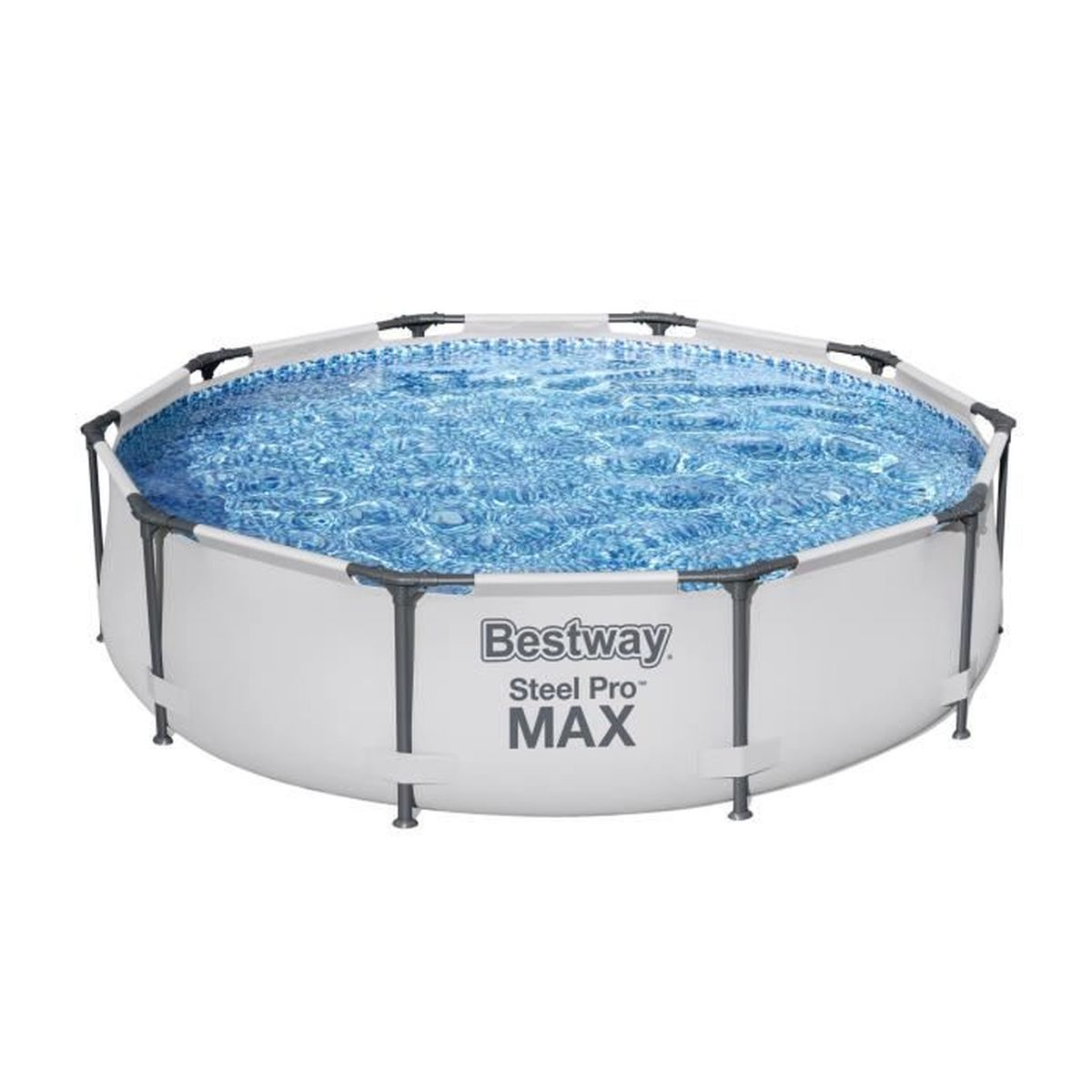 Okrągły basen Bestway Steel Pro MAX z falującą niebieską wodą i białym stelażem.