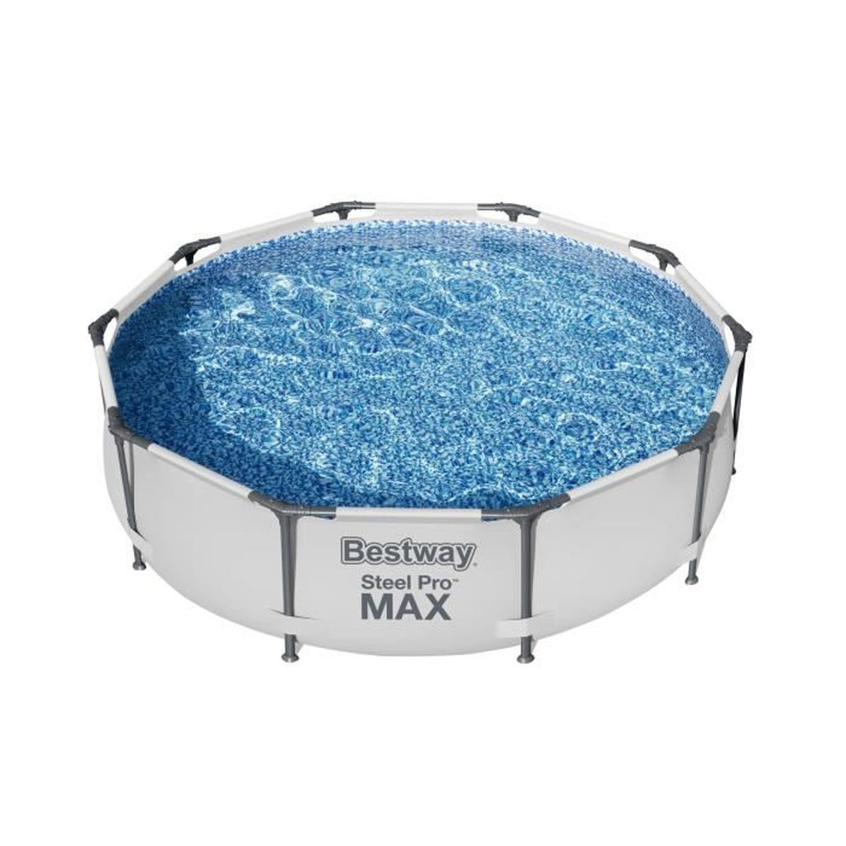 Ośmiokątny basen Bestway Steel Pro MAX z niebieską wodą, na białym tle.